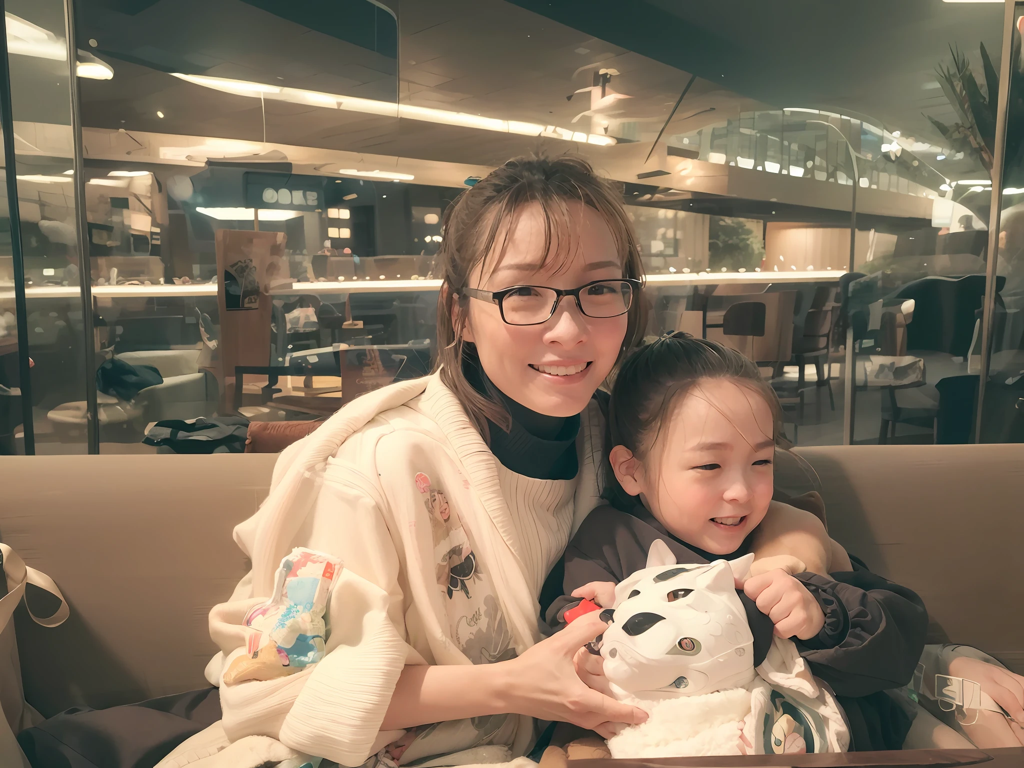 Woman and  sitting on sofa in dining room，A bridge can be seen, ruan jia and brom, taken with a Sony A7R camera, taken with sony alpha 9, in Tokyo, with a childation photo, Happy!!!, high quality upload, taken with canon eos 5 d mark iv, very very happy!, very silly looking