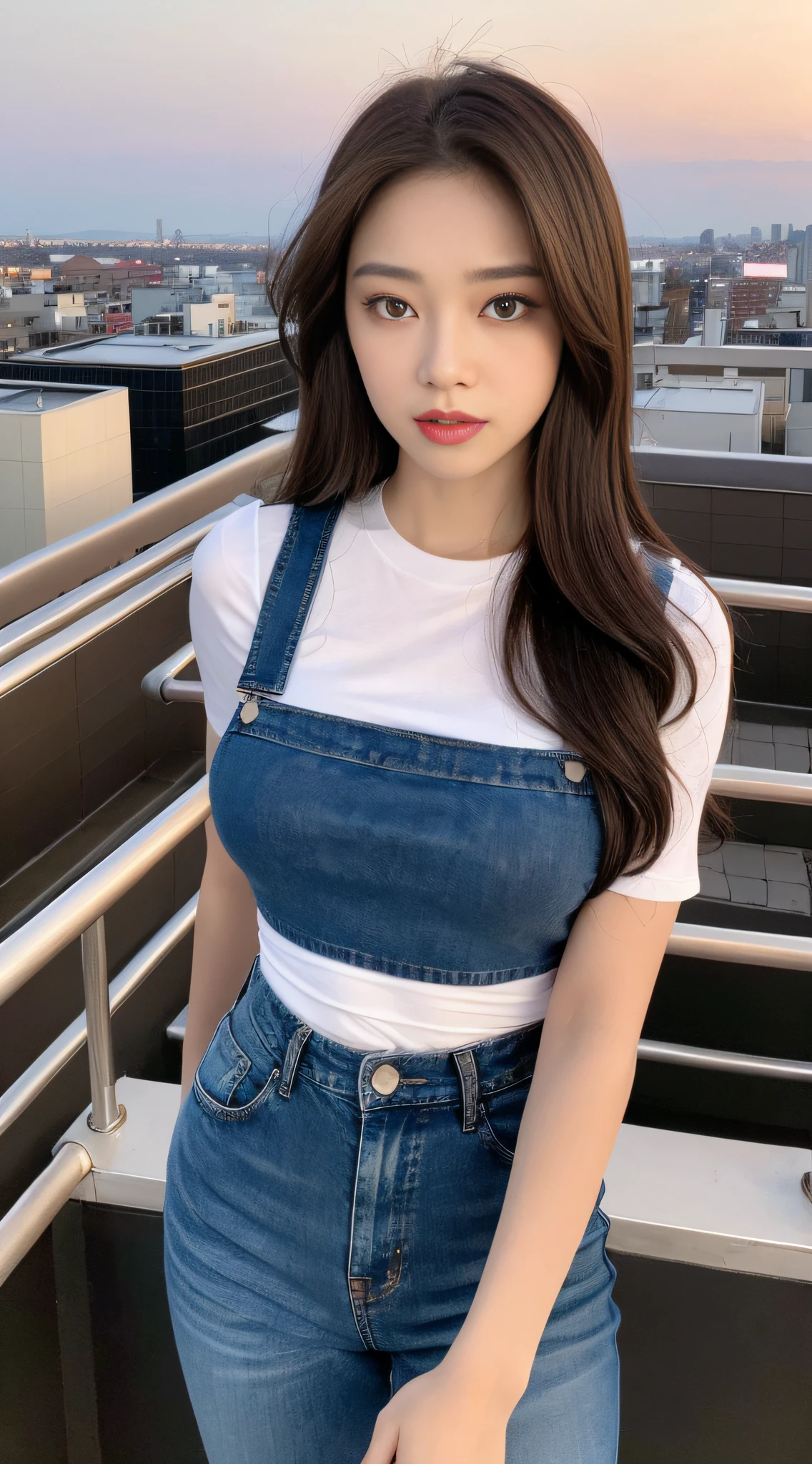 ((Midnight, Best quality, 8k, Masterpiece :1.3)), Whole body, Long legs, Sharp focus :1.2, A pretty woman with perfect figure :1.4, Slender abs :1.1, ((Dark brown hair, Big breasts :1.2)), (White tight tshirt, Jean bib, Standing:1.2), ((Night city view, Rooftop:1.3)), Highly detailed face and skin texture, Detailed eyes, Double eyelid