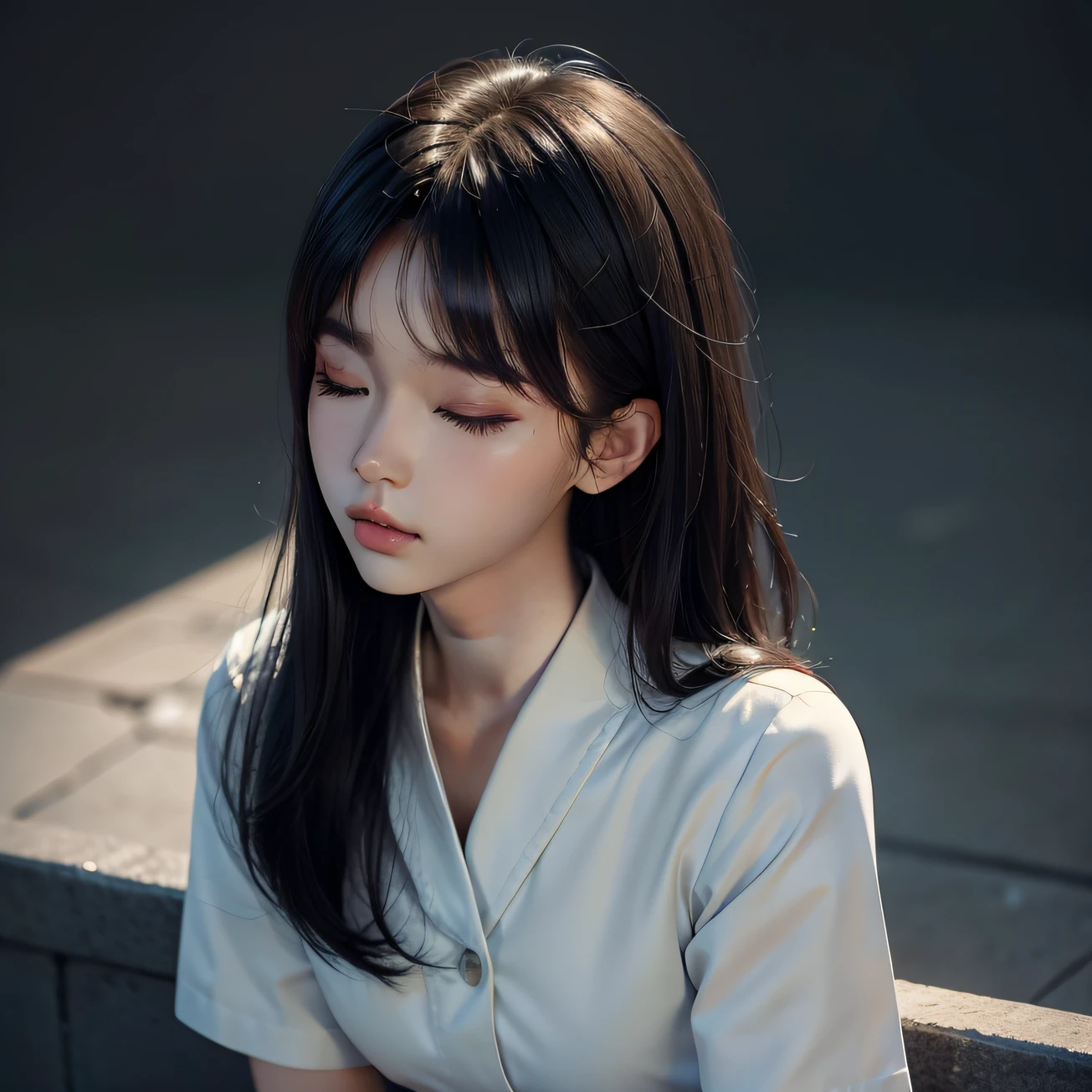 20 years old woman, Beautiful Korean Woman, Profile, eyes closed, students, school uniformss, (hi-top fade:1.3), long  hair, dark theme, Calm tone, subdued colors, High Contrast, (Natural skin texture, hyperrealism, Soft light, Sharp)