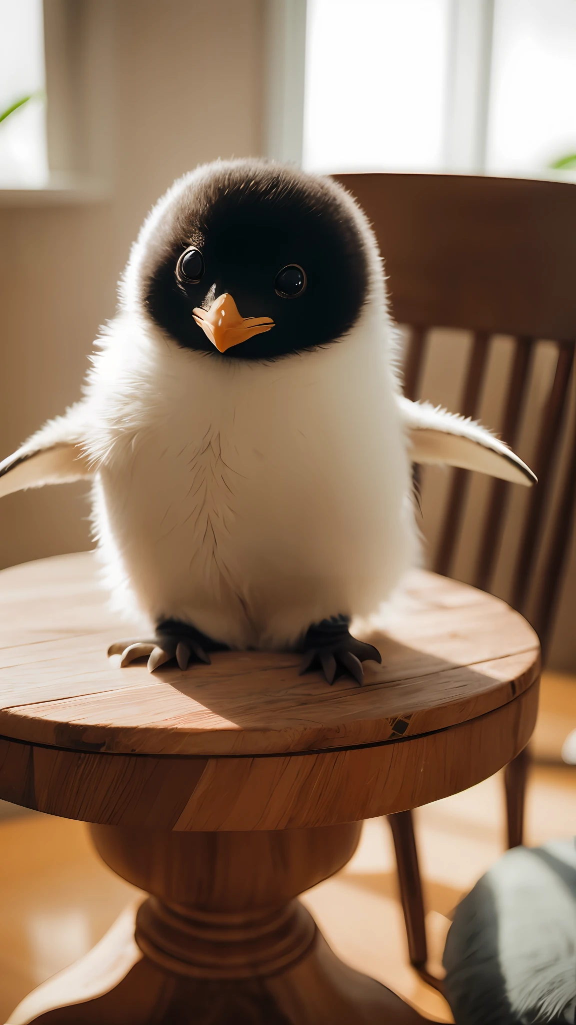 Baby penguin, (Himalayan), (Little big breasts柄)))), In a teacup, the face, Front paws extended, 8K, profesional photo, delicated, Pubic area is clear, On a table, inside the house, rays of sunshine, light leaks, tmasterpiece, ((prette))), Stylish teacup, (Realistis), plushies, round pupils