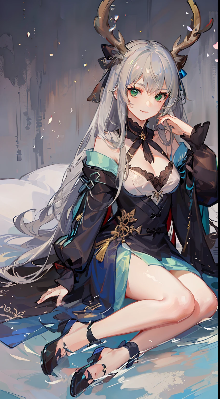 adult girl，Long gray hair，Green eyes，deer antlers，stocklings，Hanfu，Wide open chest，ssmile，tmasterpiece，high high quality，No shoes