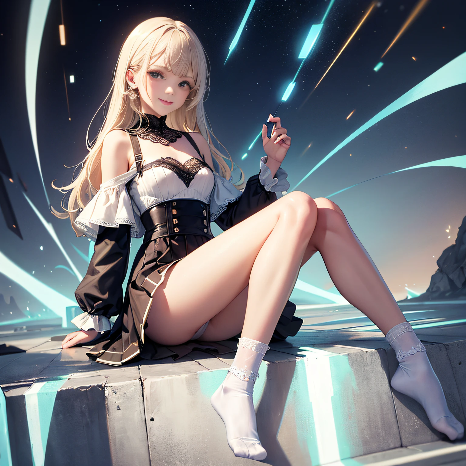 （tmasterpiece，top-quality，best qualityer，offcial art，Beauty and aesthetics：1.2），（1girll:1.5），extremy detailed，（s fractal art：1.3），rich colourful，highest details，s the perfect face，sitting on steps, hdr, Full background,（DOA：1.3）, skirt，Small top,（light stre），striking visual effects，dynamic streaks，Luminous trajectory，vivd colour，Bare legged，Small leather shoes，White cotton socks，There is lace on the socks, Perfect leg shape, ((leg ring)), Solo , Looks sweet, smile, looking at viewer, （Lace socks：1.2）, JK, Lace, Single horsetail, hair splayed out, Cortical leg ring, Lace leg ring, almost reveal panties, small skirt to the knee, One hand lifted the skirt to reveal part of the panties, ((no shoes)), beautiful face, nice legs, Full body appearance, One foot is reached for the camera, without wearing shoes, Wear only socks, The socks have lace, an off-the-shoulder top, The sleeves are translucent, Short skirt of medium length, Lift the skirt with one hand, Disgusted eyes, Two feet exposed