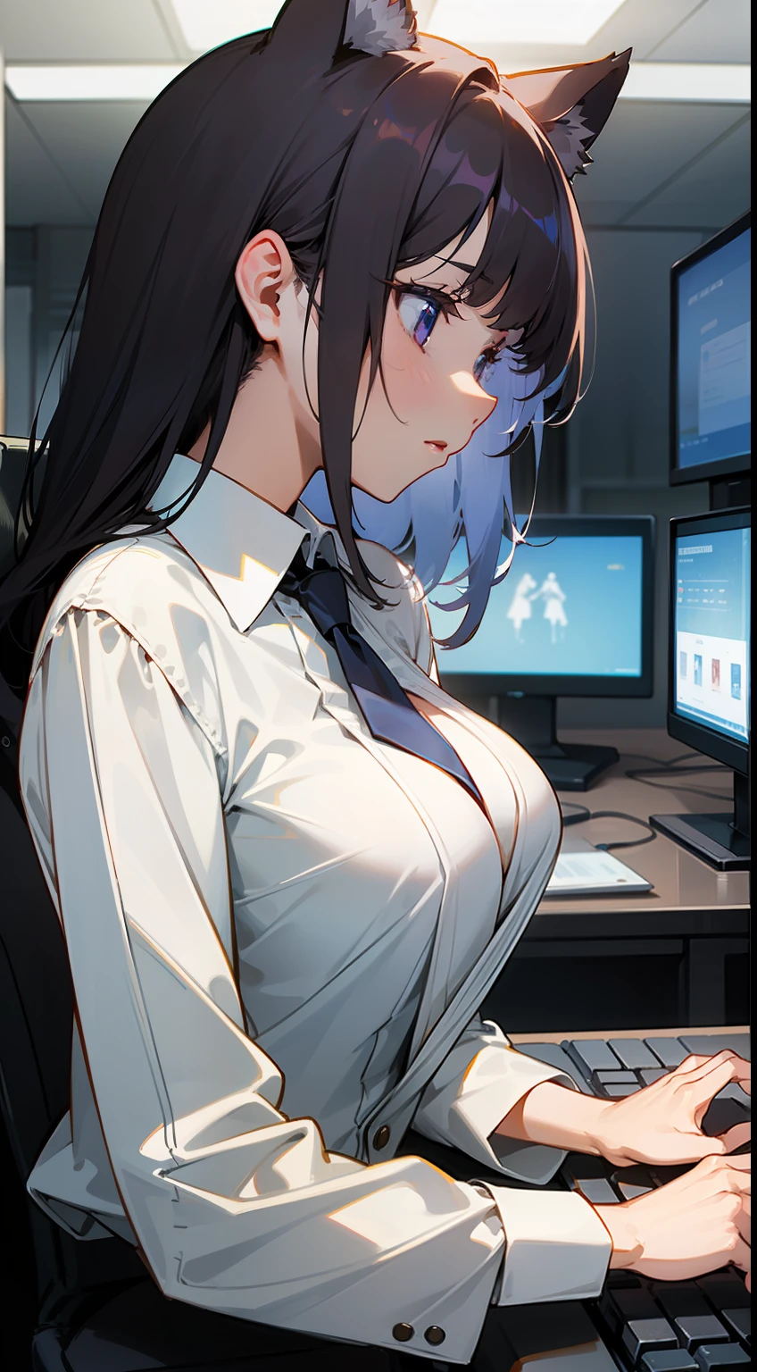 ((Master masterpiece)), ((Top image quality)), illustratio, The girls1Guys, Hair color, Bangs, Hairstyle Fax,Cat's ears、 slender、constricted hips、((large full breasts))、Maiden、((Business suits))、personal computers、server room、Office Equipment、White shirt、neck tie、She is sitting in a chair and operating a keyboard、Staring at the computer display、The chest is on the desk.、I'm so tired、The camera is capturing her profile