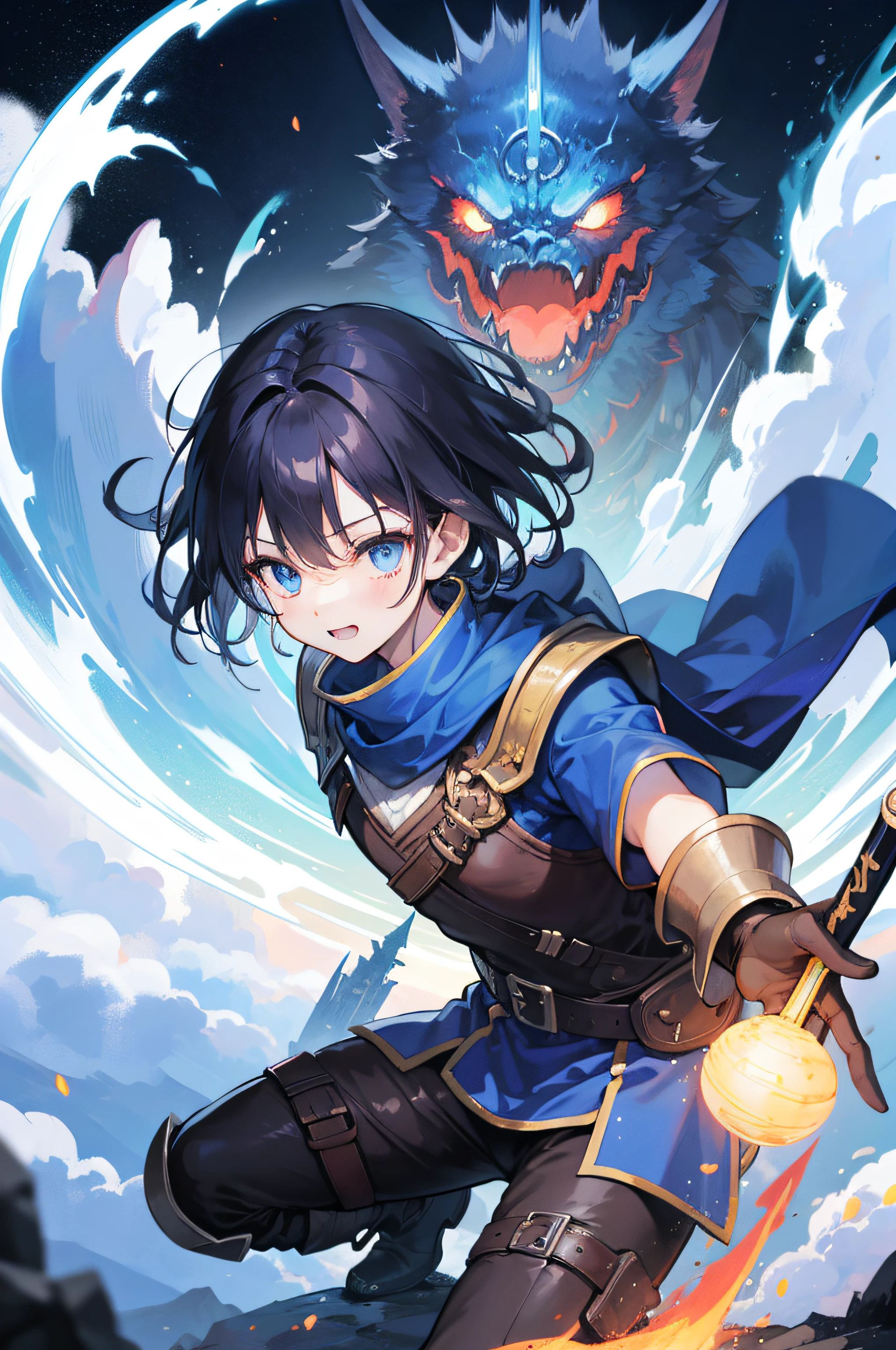 ​masterpiece, top-quality, One boy fights monsters、The brave、adventurer、Detailed and cheerful face、cheerful eyes、The brave、fights、Sword and sorcery fantasy、in isekai、（（（Hold the magic sword）））、blue cloak、FULL BODYSHOT、Dynamic Poses、Dynamic angles、Old Castle of the West、Costume of the brave、hero、Midnight、Foggy、RPG、Dragon quest、summoner、Flying light、Flying flames、