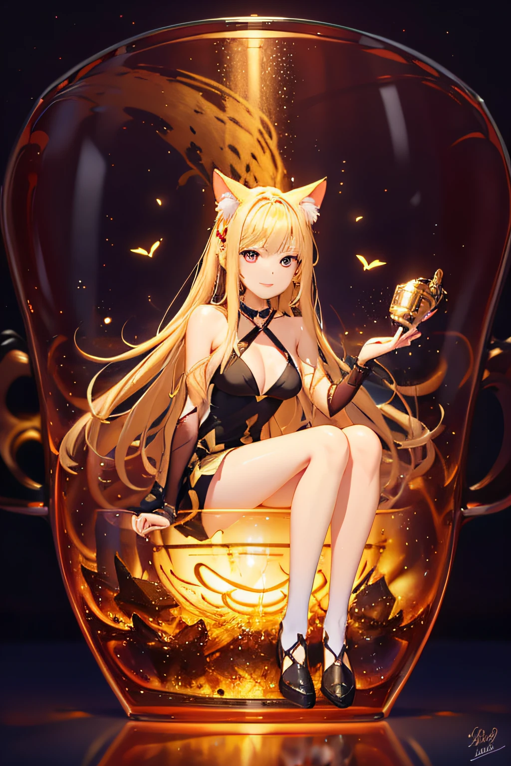 nffsw, cup, in container, (masutepiece:1.6, Best Quality), (finely detailed beautiful eye: 1.2), phyami, Yami Yugi, 1girl in, Solo, Sitting, Blonde hair, (Cat's ears), Long hair, Red Eyes, Black wings, Bare shoulders, Hair intake, 鎖骨, Choker,halterneck, Feathered wings, Collar, Anime coloring, hair between eye, criss-cross halter, Black Dress, Bangs, Very long hair, lightsmile, Red water