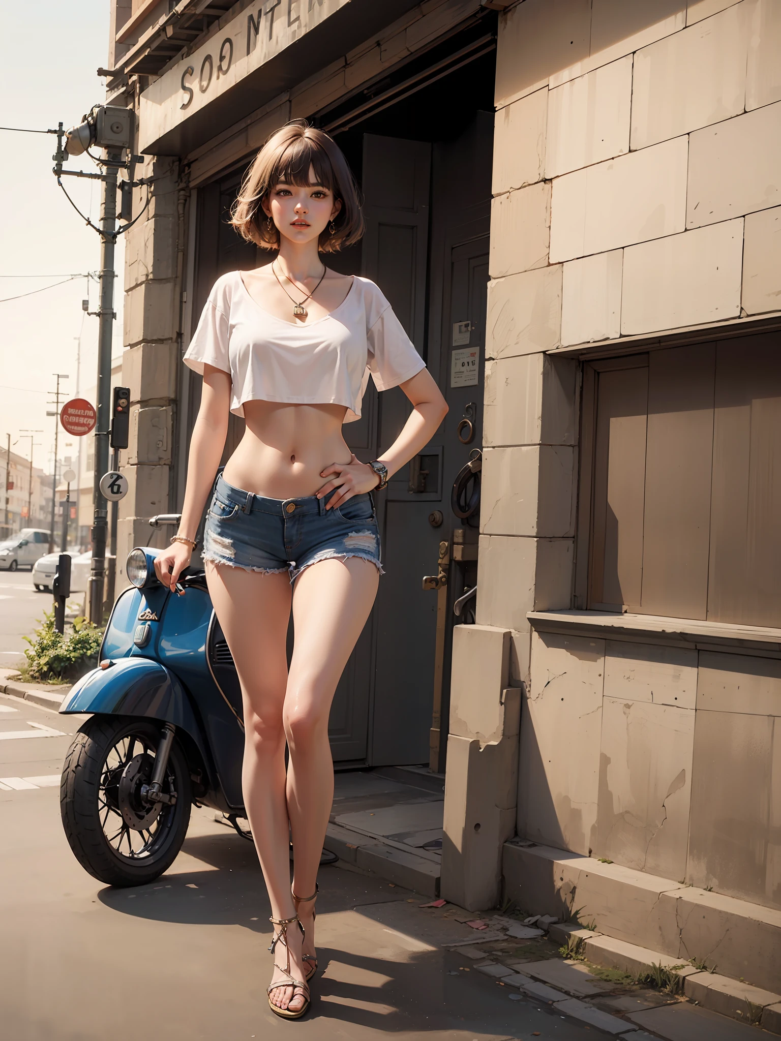Best quality, full body portrait, delicate face, red short hair, bob haircut, forehead, 18 year old girl, slim figure, huge bust, loose oversized u-neck crop top T-shirt, leaning, crotch gap, cameltoe, over shirt shorts, seen string of bikini bottoms, sunset bridge, vintage vespa behind, scene, standing tall, long leg , necklace, rings, earrings, bracelet, watch, open legs,