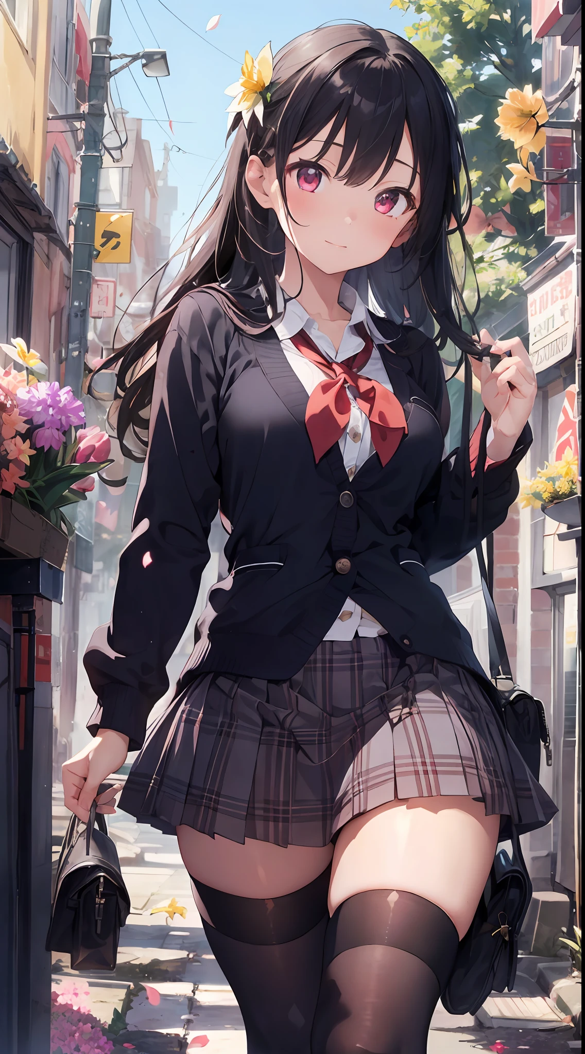 1girl, beautiful detailed eyes, light red eyes, school uniform, skirt, vivid, flower, daffodil, hyacinth, falling petals, high black stocking, high contrast, ((masterpiece, best quality)), cinematic light, cinematic composition