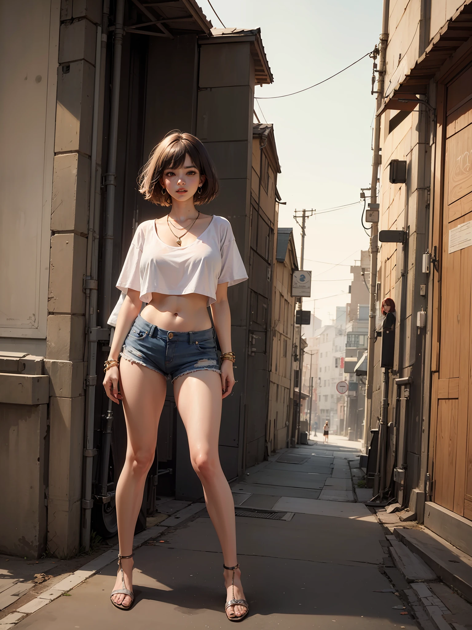 (1 girl, solo),Best quality, full body portrait, delicate face, red short hair, bob haircut, forehead, 18 year old girl, slim figure, huge bust, loose oversized u-neck crop top T-shirt, leaning, crotch gap, cameltoe, over shirt shorts, seen string of bikini bottoms, sunset bridge, vintage vespa behind, scene, standing tall, long leg , necklace, rings, earrings, bracelet, watch, open legs,