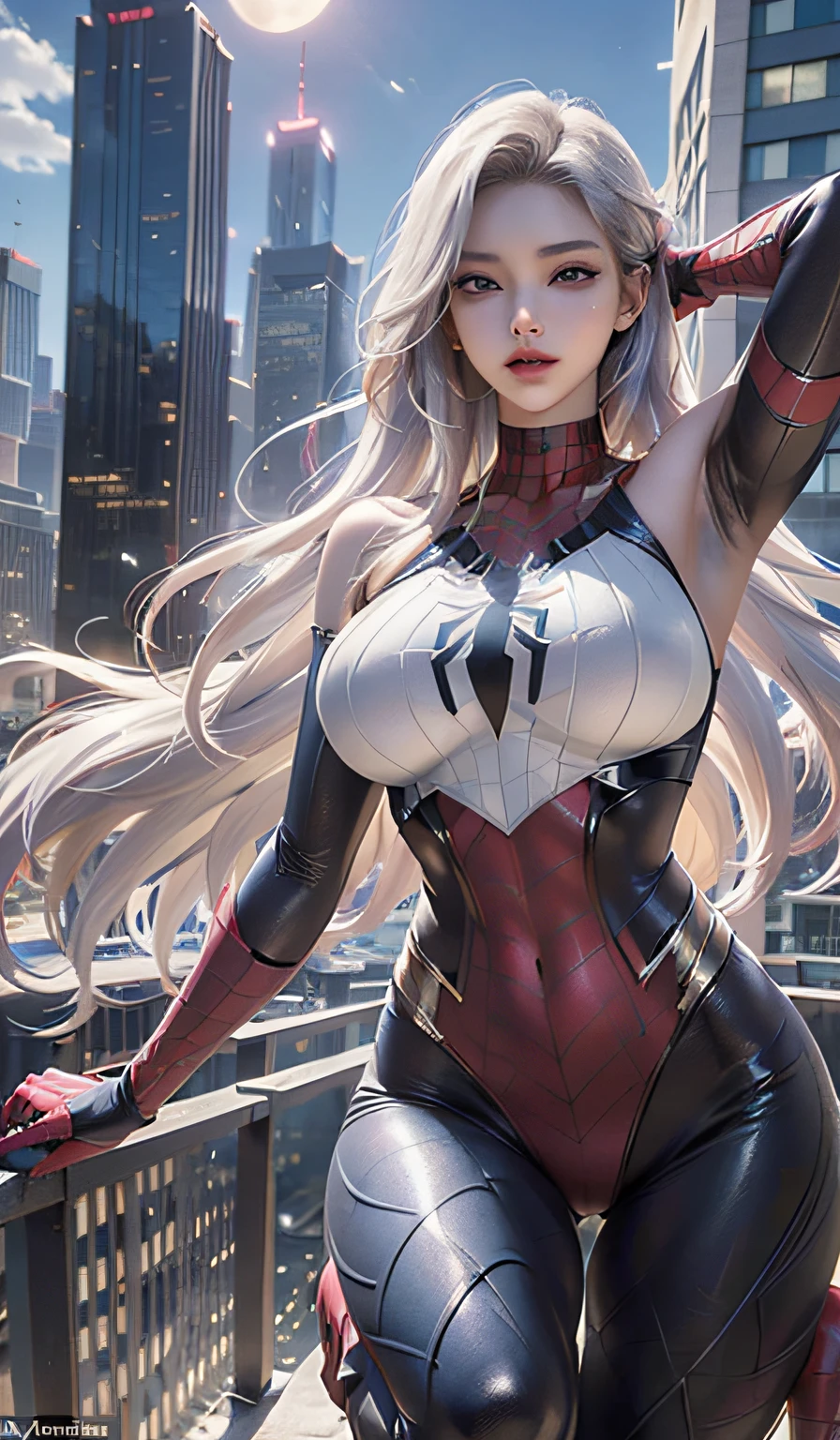 (Masterpiece, 4k resolution, ultra-realistic, very detailed), (White superhero theme, charismatic, there's a girl on top of town, wearing Spider-Man costume, she's a superhero), [ ((25 years), (long white hair:1.2), full body, (blue eyes:1.2), ((Spider-Man pose),show of strength, jumping from one building to another), ((sandy urban environment):0.8)| (cityscape, at night, dynamic lights), (full moon))] # Explanation: The Prompt mainly describes a 4K painting of ultra-high definition, very realistic, very detailed. It shows a superheroine at the top of the city, wearing a Spider-Man costume. The theme in the painting is a white superhero theme, the female protagonist has long white hair, is 25 years old and her entire body is shown in the painting. In terms of portraying the actions of superheroines, spiders are employed