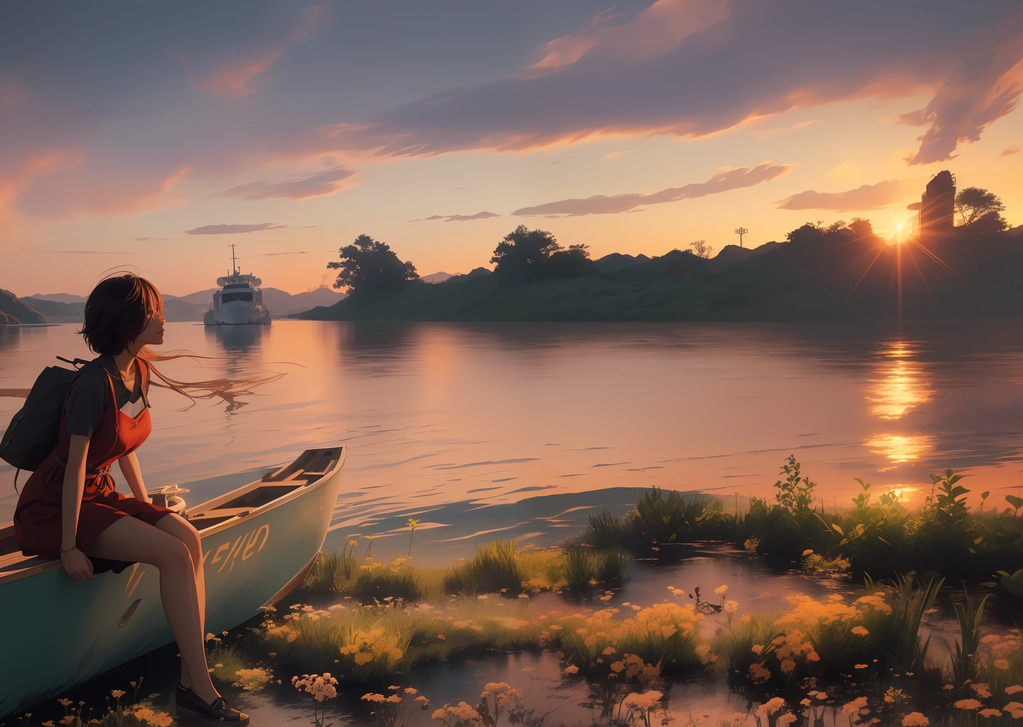 There is a woman sitting on an abandoned boat, relaxing concept art, By Shinkai Makoto. a digital rendering, realistic fantasy render, 4K highly detailed digital art, Octane Render, beautiful digital painting, detailed cinematic rendering, Golden hour scene, 3 d render and matte painting, beautiful digital works of art, Around the boat on sandy ground々Flowers are blooming profusely, Severe backlighting, A world dyed in crimson