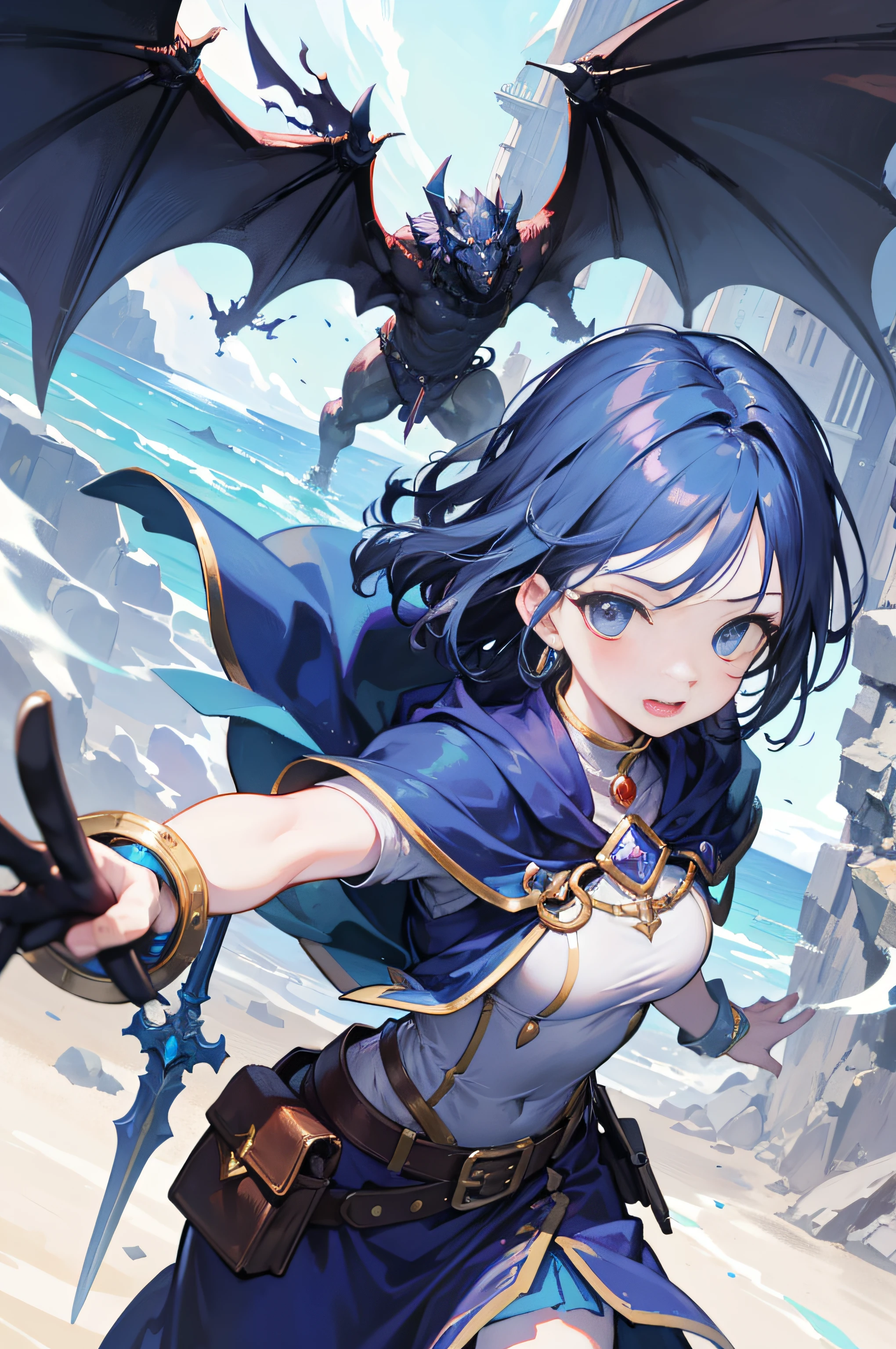 ​masterpiece, top-quality, One boy fights monsters、The brave、adventurer、Detailed and cheerful face、cheerful eyes、The brave、fights、Sword and sorcery fantasy、in isekai、（（（Hold the magic sword）））、blue cloak、FULL BODYSHOT、Dynamic Poses、Dynamic angles、Old Castle of the West、Costume of the brave、hero、Midnight、Foggy、RPG、Dragon quest、summoner、