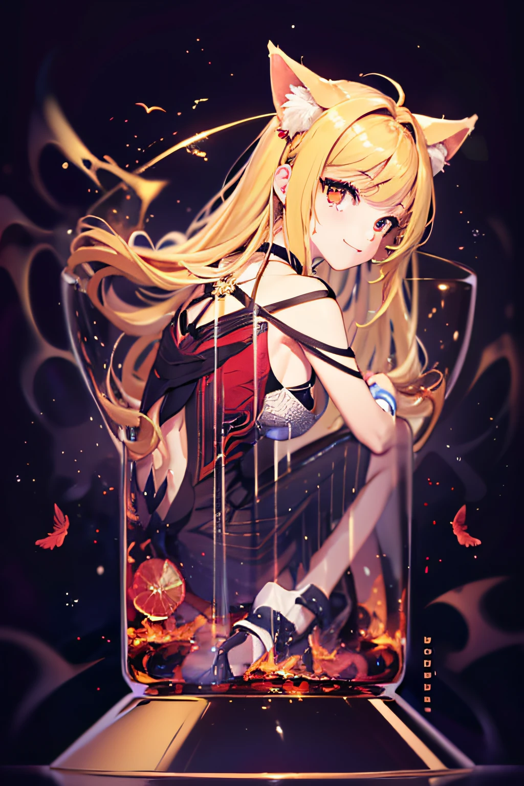 nffsw, cup, in container, (masutepiece:1.6, Best Quality), (finely detailed beautiful eye: 1.2), phyami, Yami Yugi, 1girl in, Solo, Sitting, Blonde hair, (Cat's ears), Long hair, Red Eyes, Black wings, Bare shoulders, Hair intake, 鎖骨, Choker,halterneck, Feathered wings, Collar, Anime coloring, hair between eye, criss-cross halter, Black Dress, Bangs, Very long hair, lightsmile, Red water
