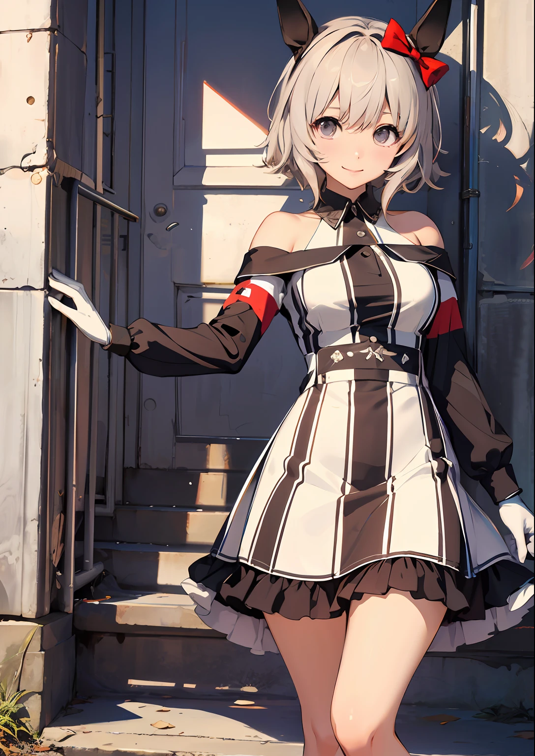 ((top-quality、​masterpiece:1.3))、{{​masterpiece}}、illustratio、top-quality、
Karen-chan \(Umamusume\), A smile, Park,Racing Wear、
vertical-striped dress、Black and white dress、bare shoulders​、off shoulders、long-sleeve、Dresses with collar、gloves、knee sox、dynamicposes:1.4、knee sox、独奏