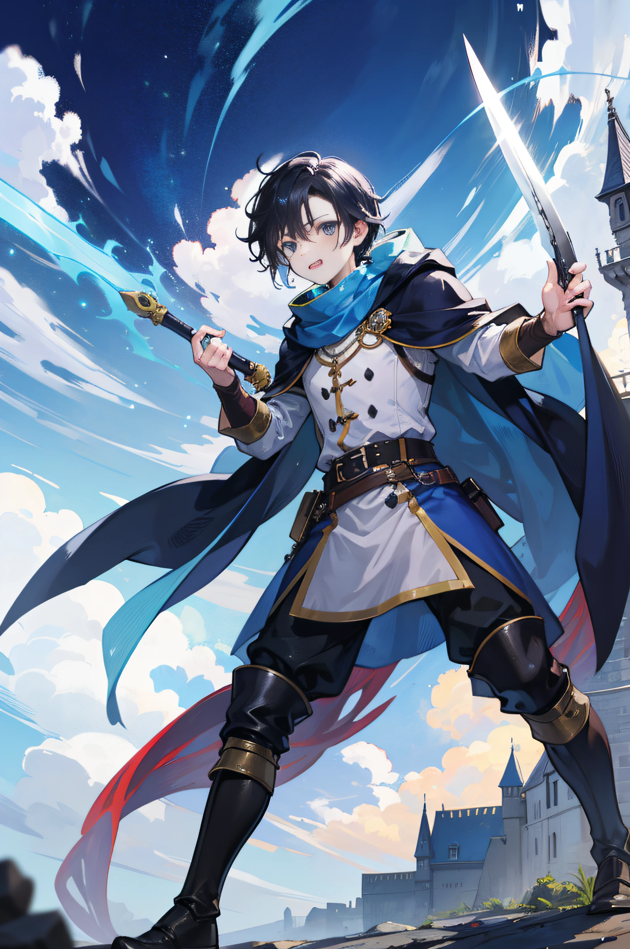 masterpiece, top-quality, One boy fights monsters、The brave、adventurer、Detailed and cheerful face、cheerful eyes、The brave、fights、Sword and sorcery fantasy、in isekai、(((Hold the magic sword)))、blue cloak、FULL BODYSHOT、Dynamic Poses、Dynamic angles、Old Castle of the West、Costume of the brave、hero、Midnight、Foggy、RPG、Dragon quest、summoner、