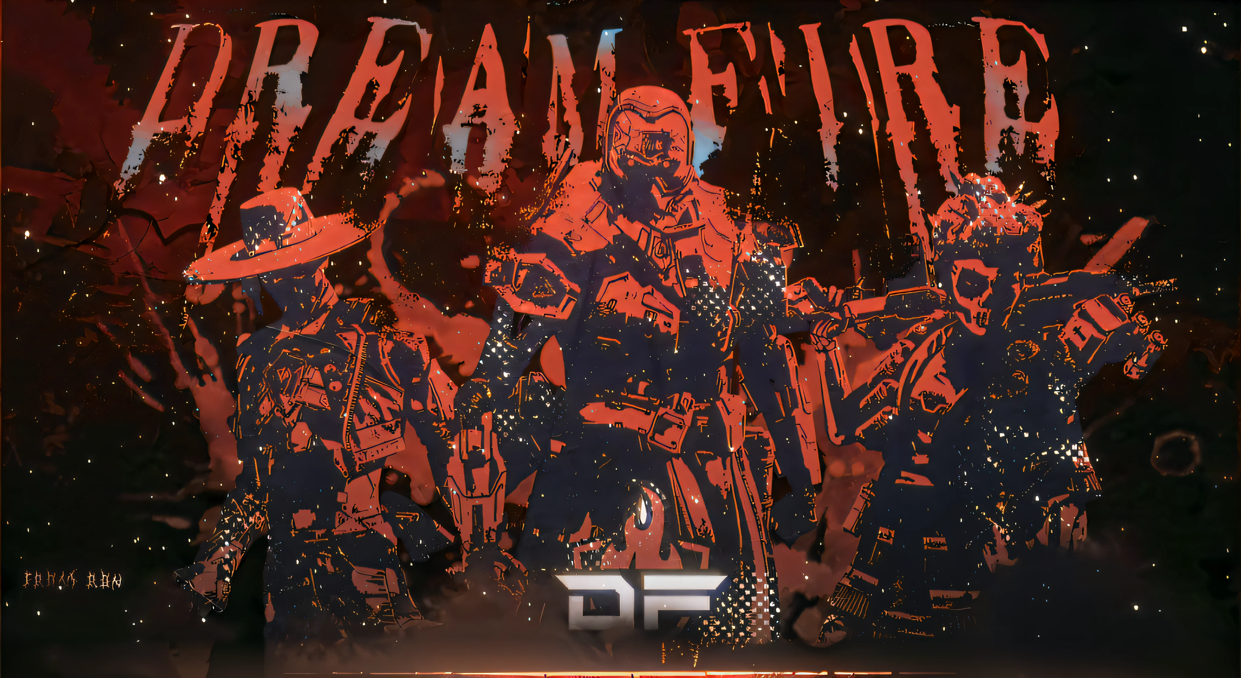 There are three people standing on stage with microphones, Hellfire background, fps game concept art, 《Doom》Timeless art style, Fantasy punk, Banner, fps game, tactical team in hell, fps game concept, !dream concept art, furaffinity!!!!, loadscreen”, the fire, header, black fire color reflected armor, mass effect fantasy