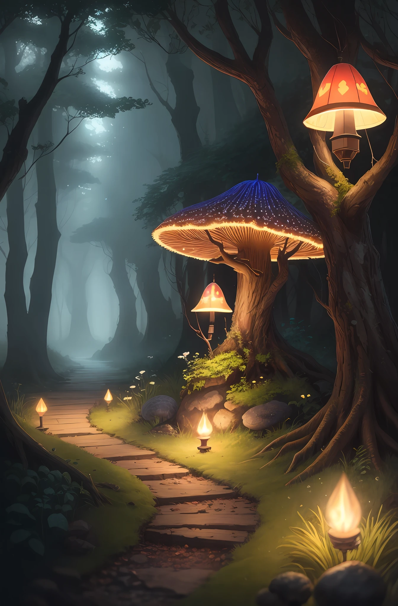 masterpiece, best quality, high quality,extremely detailed CG unity 8k wallpaper, An enchanting and dreamy scene of a fantasy forest, with towering trees, glowing mushrooms, and hidden fairy glens, creating a sense of mystique and enchantment, artstation, digital illustration, intricate, trending, pastel colors, oil paiting, award winning photography, Bokeh, Depth of Field, HDR, bloom, Chromatic Aberration ,Photorealistic,extremely detailed, trending on artstation, trending on CGsociety, Intricate, High Detail, dramatic, art by midjourney