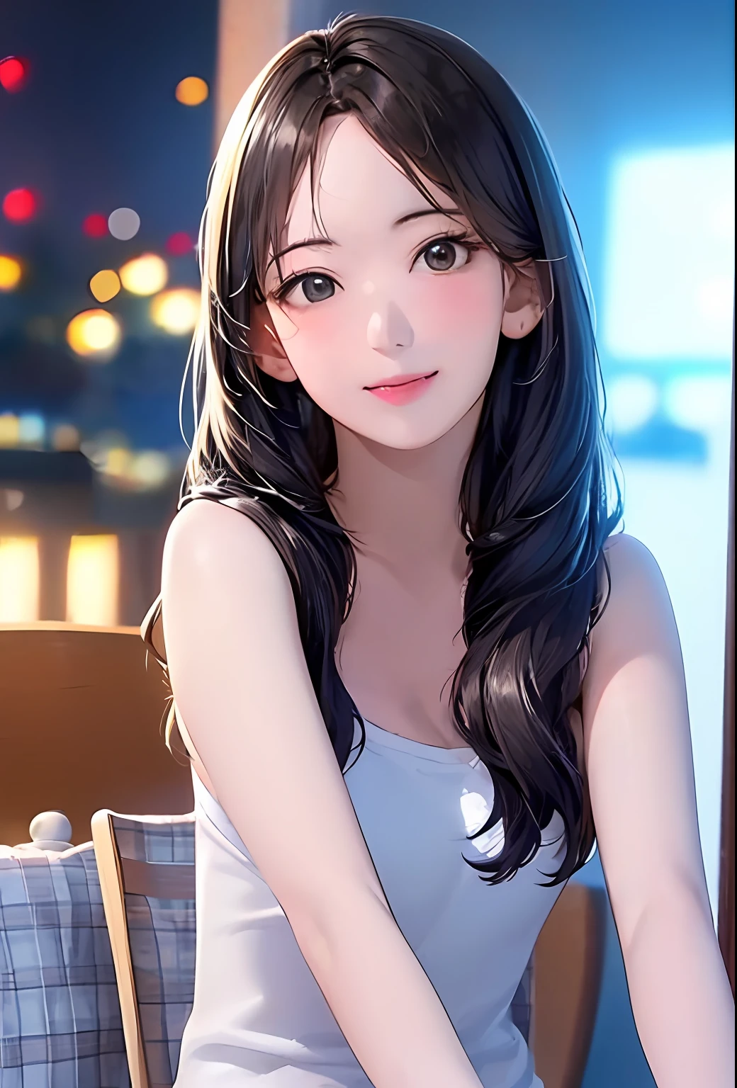 (in 8K、top-quality、​masterpiece:1.2)、(realisitic、Photorealsitic:1.37)、高精細CG統合8K壁紙、(HQ Skin:1.8、shiny skins)、8KUHD、Digital SLR、Soft lighting、hightquality、Film grain、FujifilmXT3(Professional Writing:1.6)、ultra-detailliert、女の子 1 人、cute little、独奏、mid night、Beautiful detailed sky、Detailed Cafe、sitting on、date、(Nasal blush)、 (smile1.15)、(Keep your mouth shut)small tits、beautiful tbig eyes、Floating Hair NovaFrogStyle、