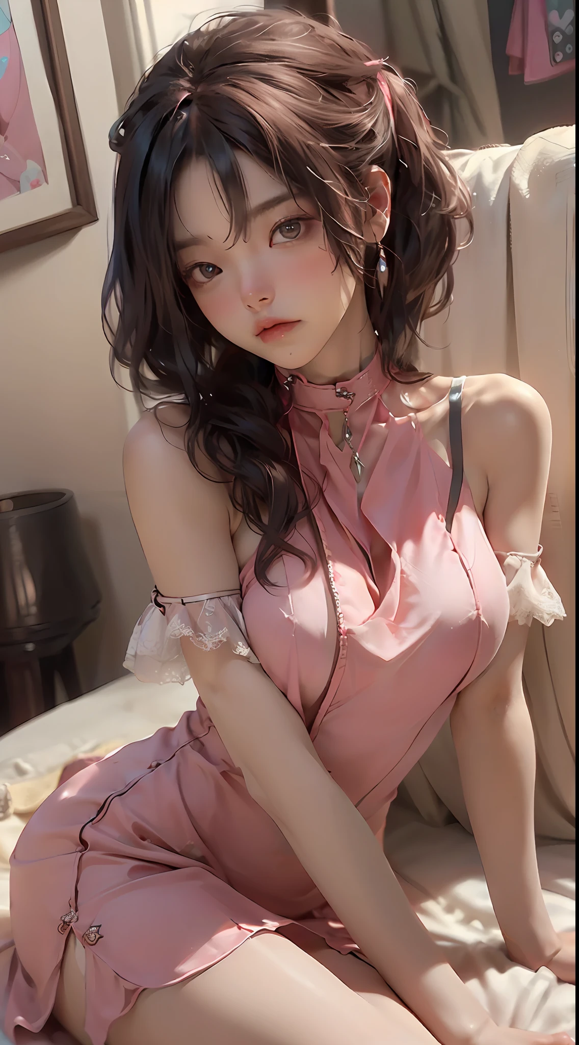(top-quality), ((masterpiece), (detaileds: 1.4), 3D, Beautiful Cyberpunk Woman, HDR(HighDynamicRange), Ray traching, NVIDIA RTX, Hyper-Resolution, Unreal 5, sub-surface Scattering, PBR Texture, Postprocess, Anisotropy Filtering, depth of fields, Maximum Sharpness and Clarity, Multilayer Texture, Albedo and Highlight Maps, Surface Shading, Accurate simulation of light-material interactions, perfectly proportions, Octane Render, Two-color light, Large aperture, Low ISO、White Balance、thirds rule、8K RAW、Pink soft、lying on one's side on bed、seduces、Opening Mouth、holding something、Wearing a collar around the neck、Guided、female dog、female dog、female dog、female dog、Confused、full of shyness、delicate、see-through halter neck dress、Black lace、Sticky tongue、Learn to bark、Lace shorts、naked waist、two womens、two womens、In bed、Pressed、Ambiguous、Loved、 Take off your clothes、Naked、Exposing breasts。Pubic hair shows through、leakage、