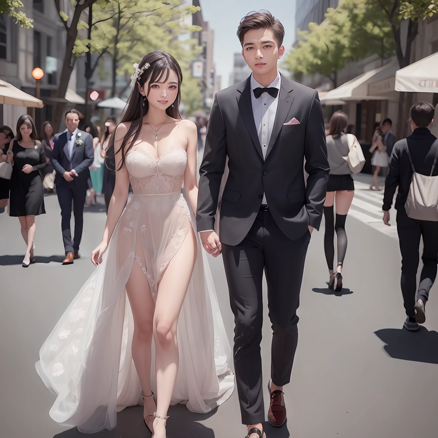 Walk the city streets，a young man and a woman，Bandeau dress，Wear a long, gorgeous diamond-encrusted wedding dress with lace trim，Wearing a pink floral long dress，cute couple，Shopping，in city