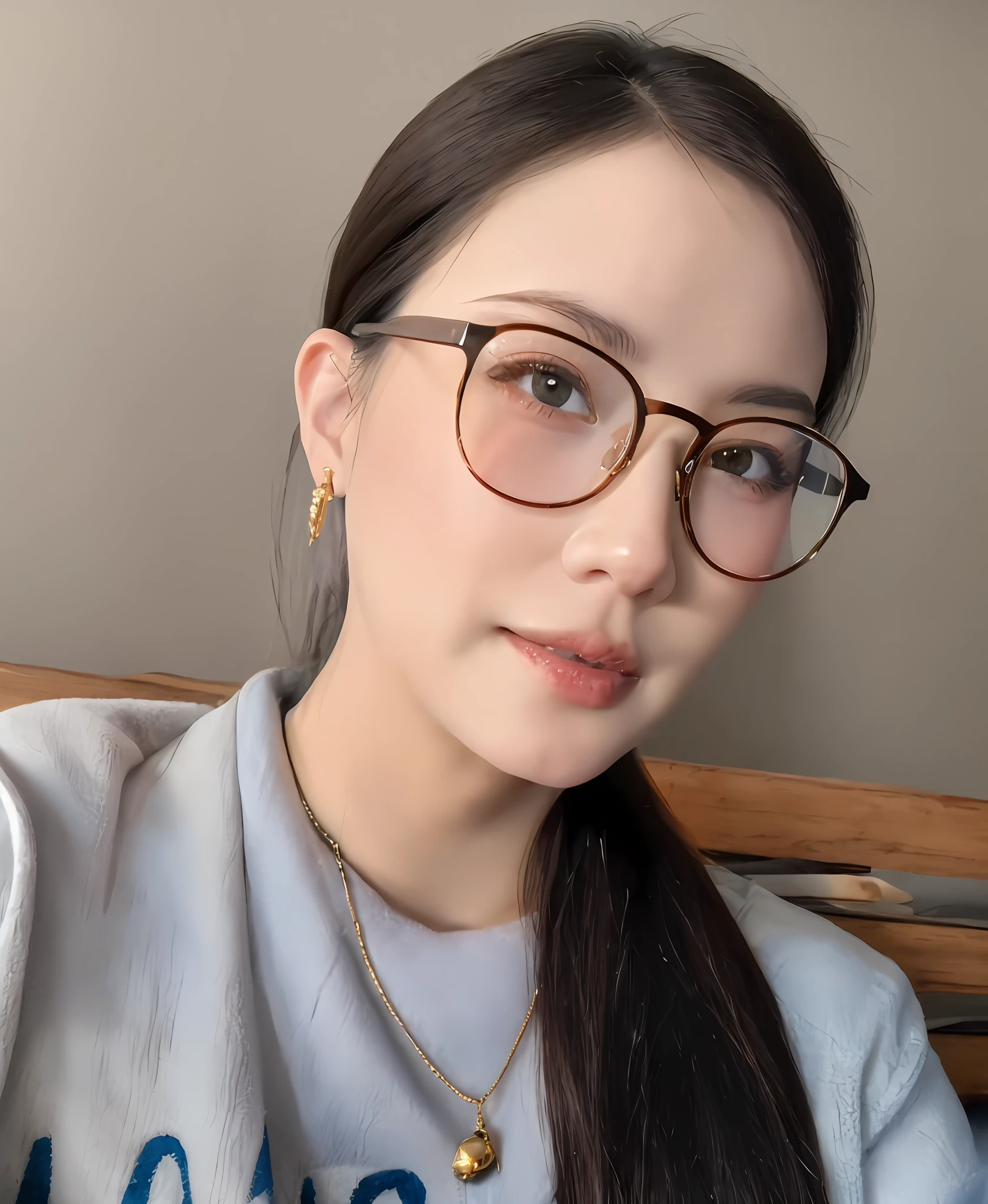 glasses, (sharp focus:1.2), portrait, ((posing)), (beautiful face:1.1), detailed eyes, luscious lips, ((skindentation)), (bright studio lighting:1.2), depth of field, bokeh, 4K, HDR. by (James C. Christensen:1.2|Jeremy Lipking:1.1)