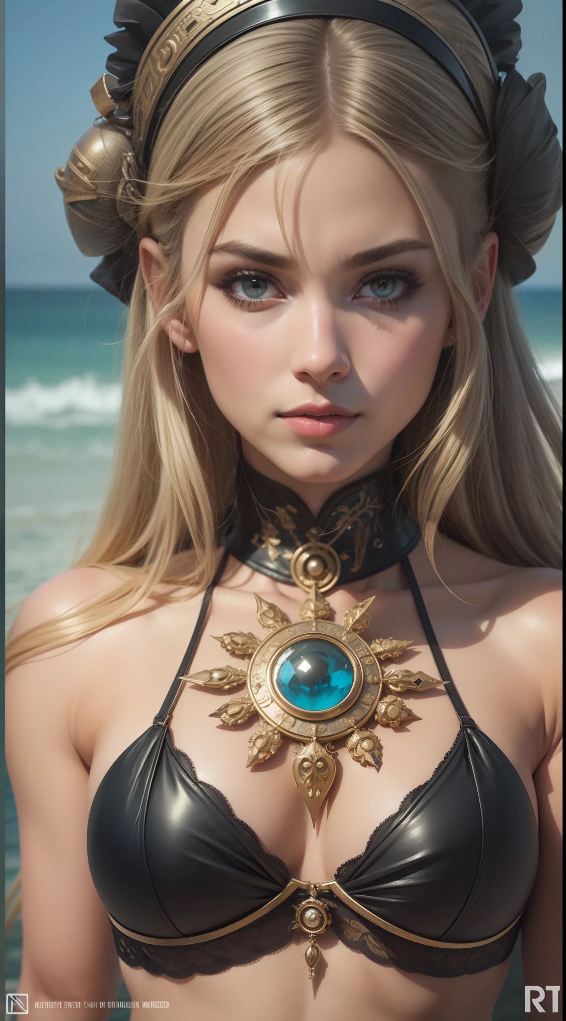 Waist high Portrait of an exotic beautiful caucasian woman wearing trendy clothing at a beach, perfect detailed face, detailed symmetric hazel eyes with circular iris, realistic, stunning realistic photograph, 3d render, octane render, intricately detailed, cinematic, trending on artstation, Isometric, Centered hipereallistic cover photo, awesome full color, hand drawn, dark, gritty, mucha, klimt, erte 12k, high definition, cinematic, neoprene, behance contest winner, portrait featured on unsplash, stylized digital art, smooth, ultra high definition, 8k, unreal engine 5, ultra sharp focus, intricate artwork masterpiece, ominous, epic, TanvirTamim, trending on artstation, by artgerm, h. r. giger and beksinski, highly detailed, vibrant