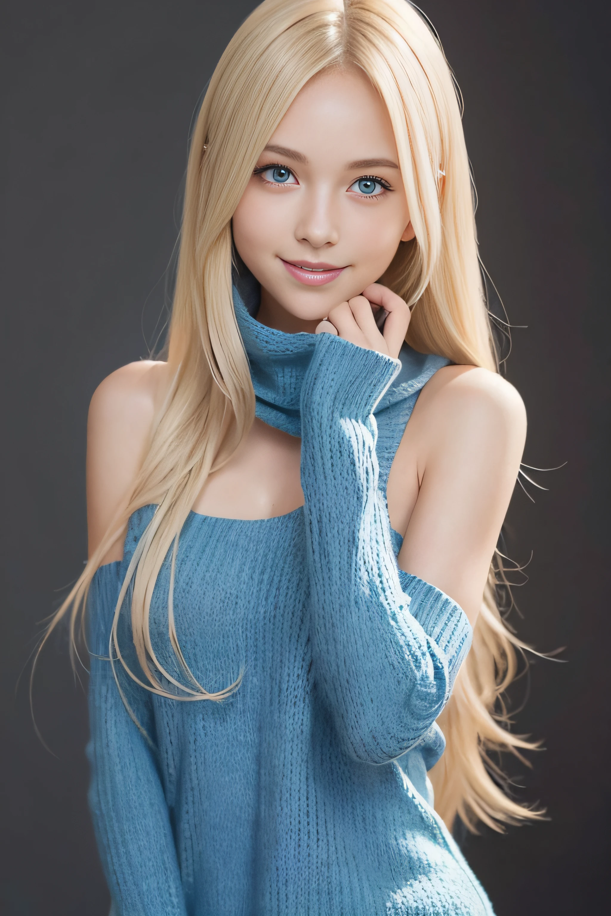 {{virgin killer sweater without sleeves}}, {{bare arms}}, bare hands), blonde long hair, very cute, azure eyes, smile, 1 girl, {{perfect anatomy}}, perfect and interesting background, ultra-detailed, an extremely delicate and beautiful, detailed light, masterpiece)