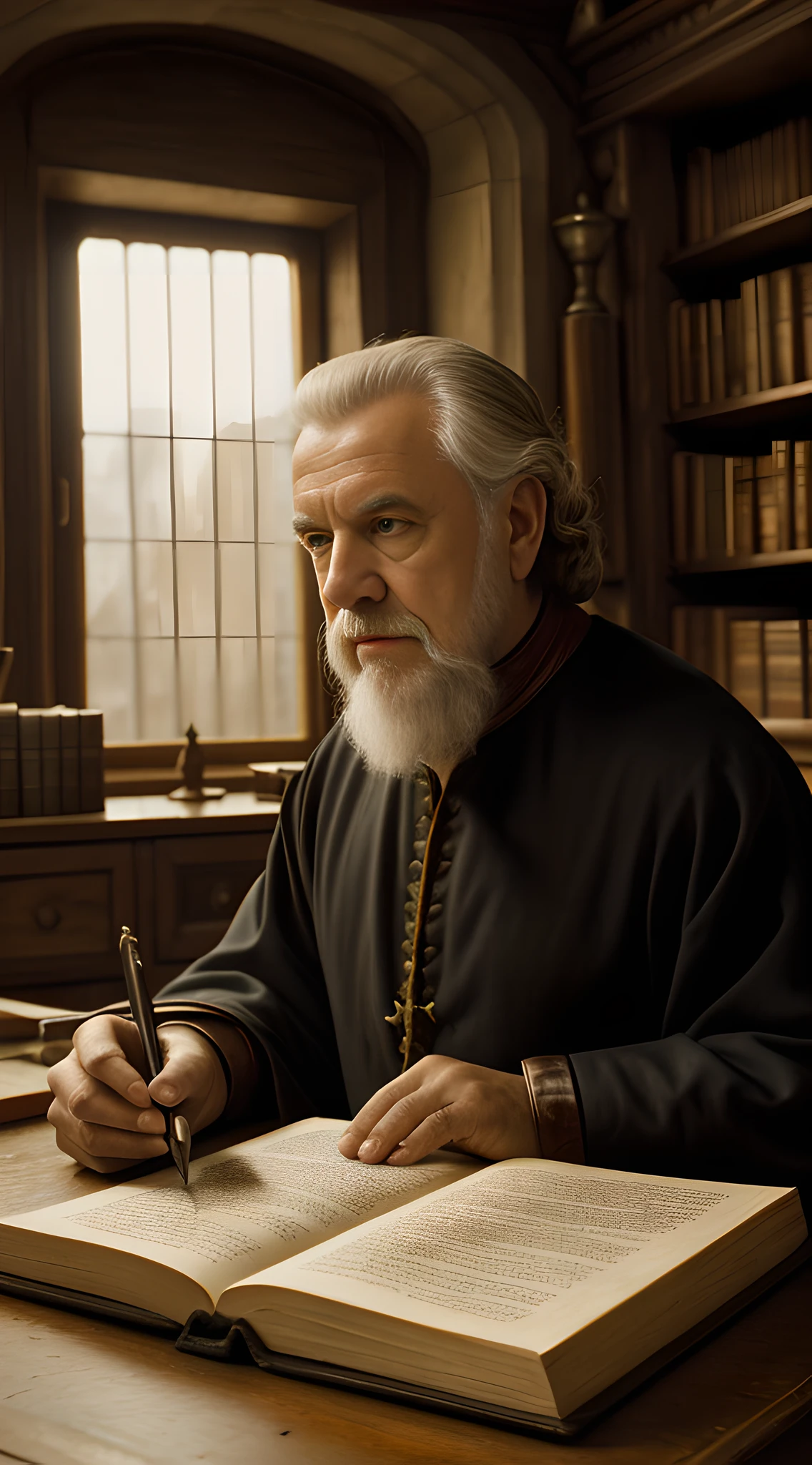 (masterpiece, UHD, oil painting, Greg Rutkowski influence:1.3), Heinrich Kramer, the notorious inquisitor, (aged skin:1.1), thinning grey hair, (penetrating gaze:1.2), 15th-century attire, engrossed in manuscript writing, detailed quill, parchment, candlelight casting soft shadows, richly adorned study, oak wood desk, piled ancient books, dimly lit room, (medieval artifacts:1.1), muted warm colors, realistic, side view, focused.
