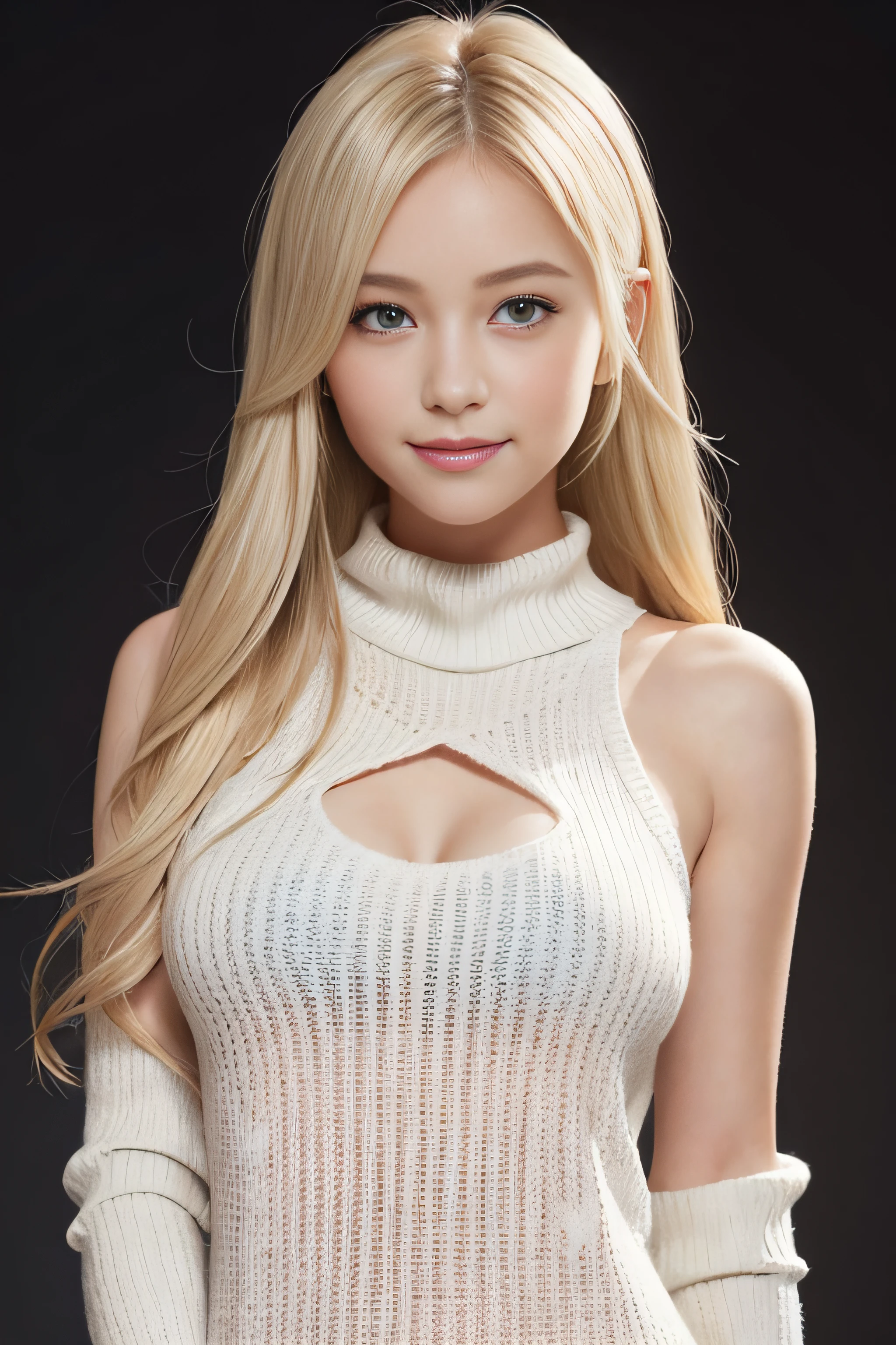 {{virgin killer sweater without sleeves}}, {{bare arms}}, bare hands), blonde long hair, very cute, azure eyes, smile, 1 girl, {{perfect anatomy}}, perfect and interesting background, ultra-detailed, an extremely delicate and beautiful, detailed light, masterpiece)