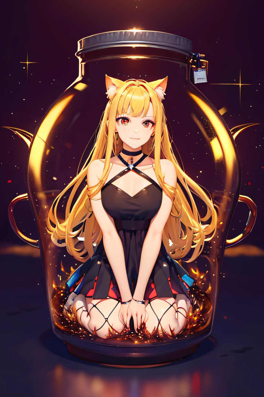 nffsw, cup, ((in container)), (masutepiece:1.6, Best Quality), (finely detailed beautiful eye: 1.2), phyami, Yami Yugi, 1girl in, Solo, Sitting, Blonde hair, (Cat's ears), Long hair, Red Eyes, Black wings, Bare shoulders, Hair intake, 鎖骨, Choker,halterneck, Feathered wings, Collar, Anime coloring, hair between eye, criss-cross halter, Black Dress, Bangs, Very long hair, lightsmile, Red water