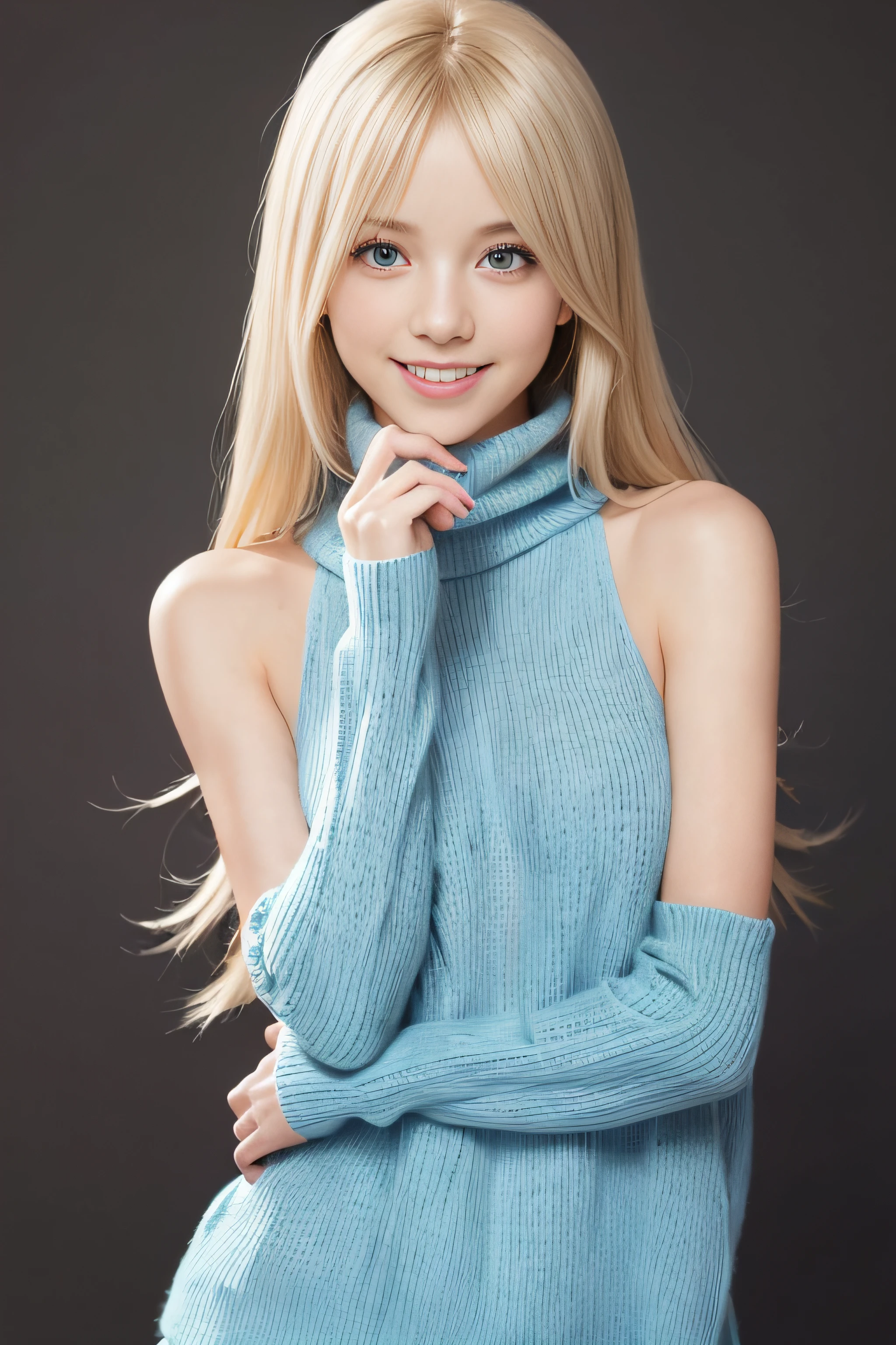 {{virgin killer sweater without sleeves}}, {{bare arms}}, bare hands), blonde long hair, very cute, azure eyes, smile, 1 girl, {{perfect anatomy}}, perfect and interesting background, ultra-detailed, an extremely delicate and beautiful, detailed light, masterpiece)
