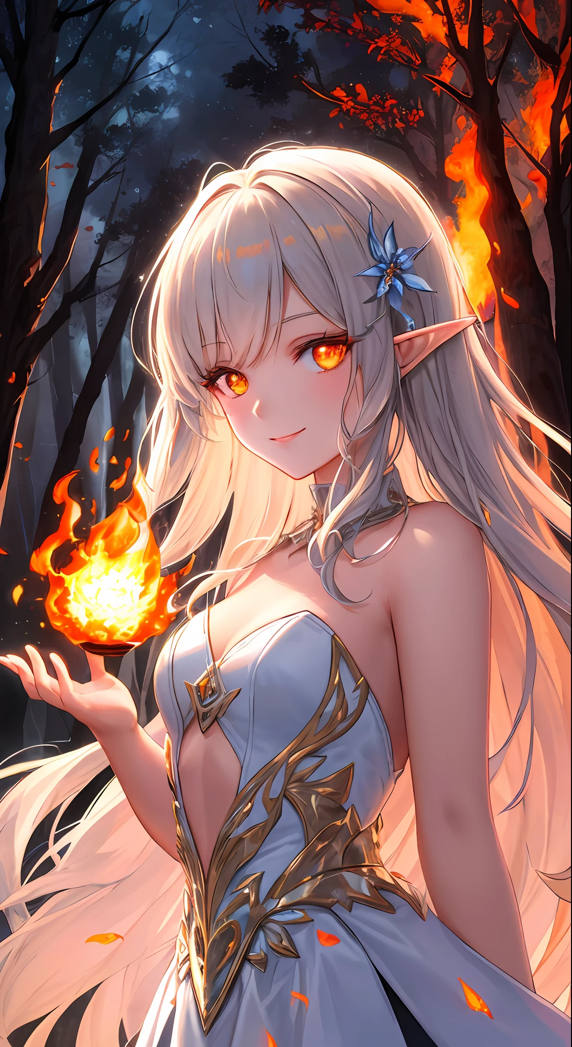 masterpiece, best quality, hair is turning into fire, hair is on fire, Fantasy, (light rayer:1.05), orange light particles, scenery, fire, Beautiful and detailed explosion, beautiful detailed glow, Flames burning around, Flames burning around, Fire feathers, burning, (burning forest:1.34), (bare trees:1.05), ashes, (red sun:1.05), (flame swirling around the character:1.1), solo, crazy_smile, (detailed:1.05), high resolution illustration, lustrous skin, colorful, (ultra-detailed:1.1), (illustration:1.05), (detailed light:1.05), (an extremely delicate and beautiful:1.1),alluring elf princess, depth of field, white_long_hair, orange_eyes, eyelashs, dark eyelashes, eyeliner, soft glowing eye
