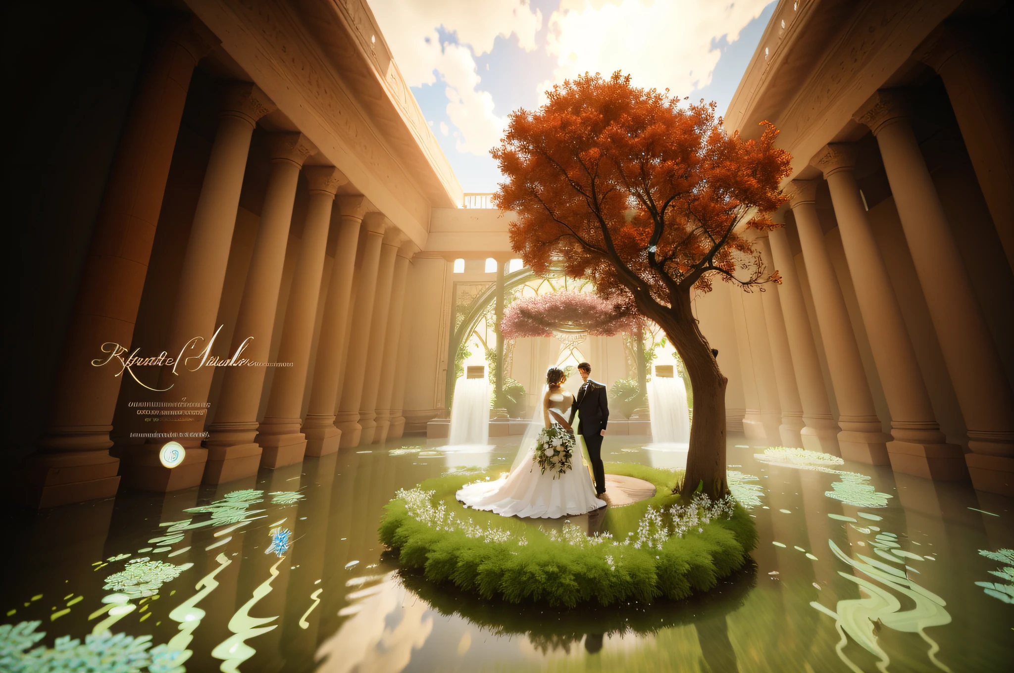 bride and groom standing in a pond of water under a tree, inspired by Mike Winkelmann, & jeehyung lee & wlop, inspired by Cherryl Fountain, art nouveau octane render, (octane render) fantasy style, 3d render”, stunning arcanum backdrop, awesome greate composition, 3d cg, 3 d cg, inspired by Johfra Bosschart