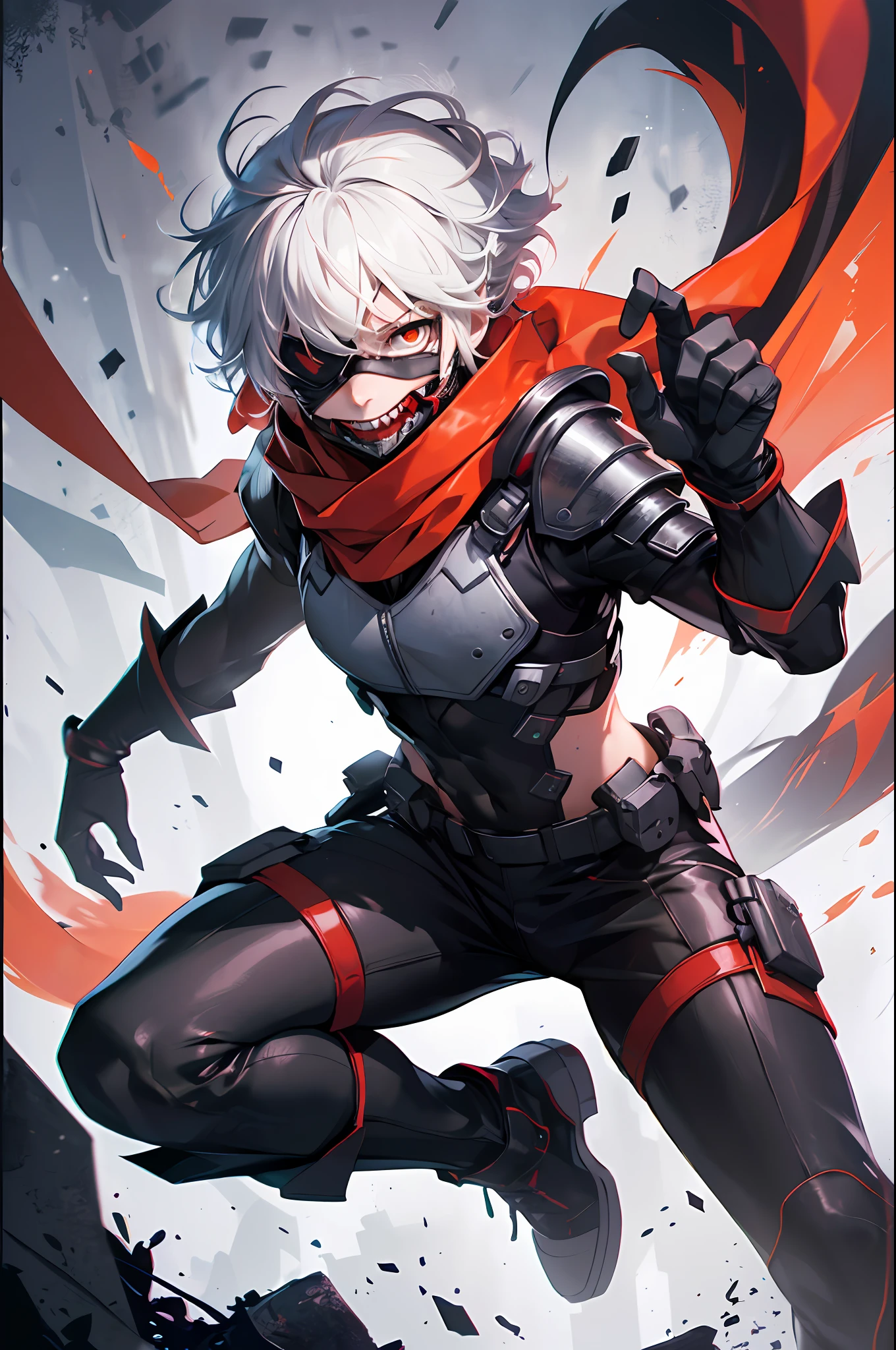 8k, anime, portrait, best quality, ultra high res, ultra detailed, high contrast color tone, extremely detailed lighting, cinematic lighting, soft lights, (masterpiece, high quality:1.4), (kaneki ken, white hair, red and black eye, mask | fangs, sharinggan eyes,wearing a crop top white exoskeleton armor , with red scarf around the neck, scorpio tentacles), blood, ((full body)), (dynamic pose), orange background, thrilling, (fierce face) dynamic jump pose