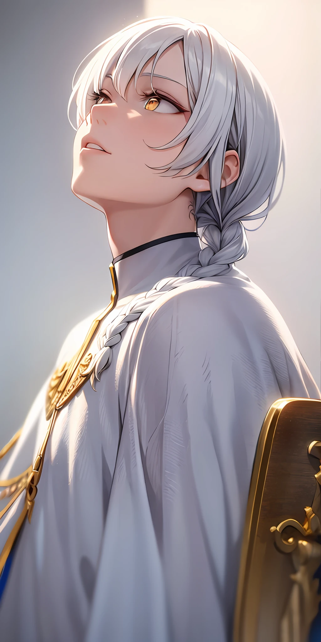 best quality, masterpiece,white hair, gold eyes,white clothes, looking up, upper body,hair strand,Fair skin,side braids
