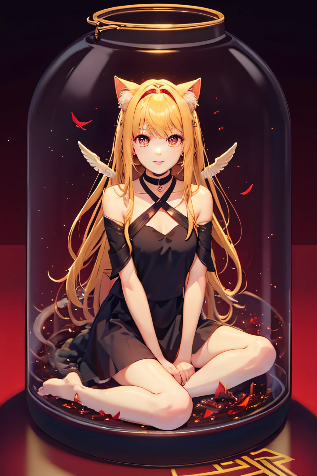 nffsw, cup, ((in container)), (masutepiece:1.6, Best Quality), (finely detailed beautiful eye: 1.2), phyami, Yami Yugi, 1girl in, Solo, Sitting, Blonde hair, (Cat's ears), Long hair, Red Eyes, Black wings, Bare shoulders, Hair intake, 鎖骨, Choker,halterneck, Feathered wings, Collar, Anime coloring, hair between eye, criss-cross halter, Black Dress, Bangs, Very long hair, lightsmile, Red water