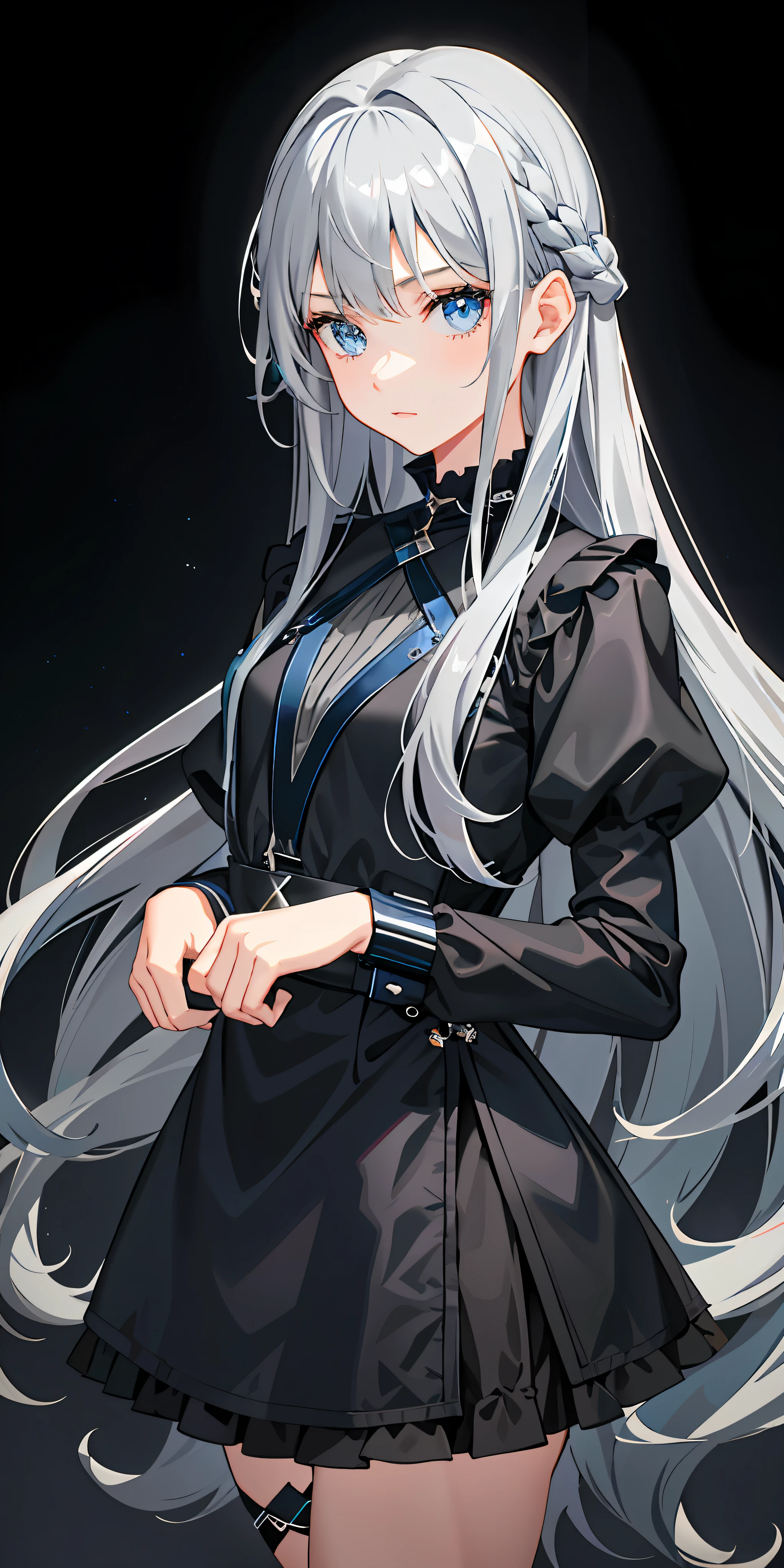 1girll,Gray hair,Blue pick dye,Dark blue eyes,Sideslit,light particules,the wallpaper,Short black top,Black puff sleeves,Black  shorts,grey long hair，beautiful teenage girl，dyna，Dynamic
