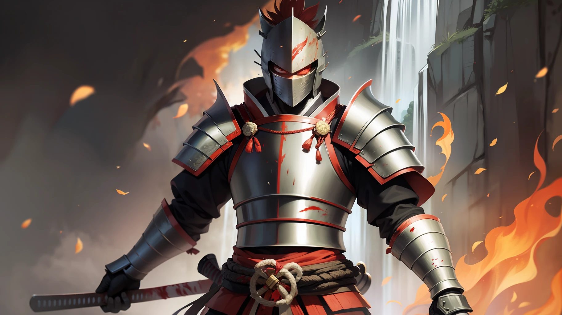 Samurai of Japan，Wearing armor，Holding the bushido in his hand，The armor emits blood-red lines，Behind you is a waterfall