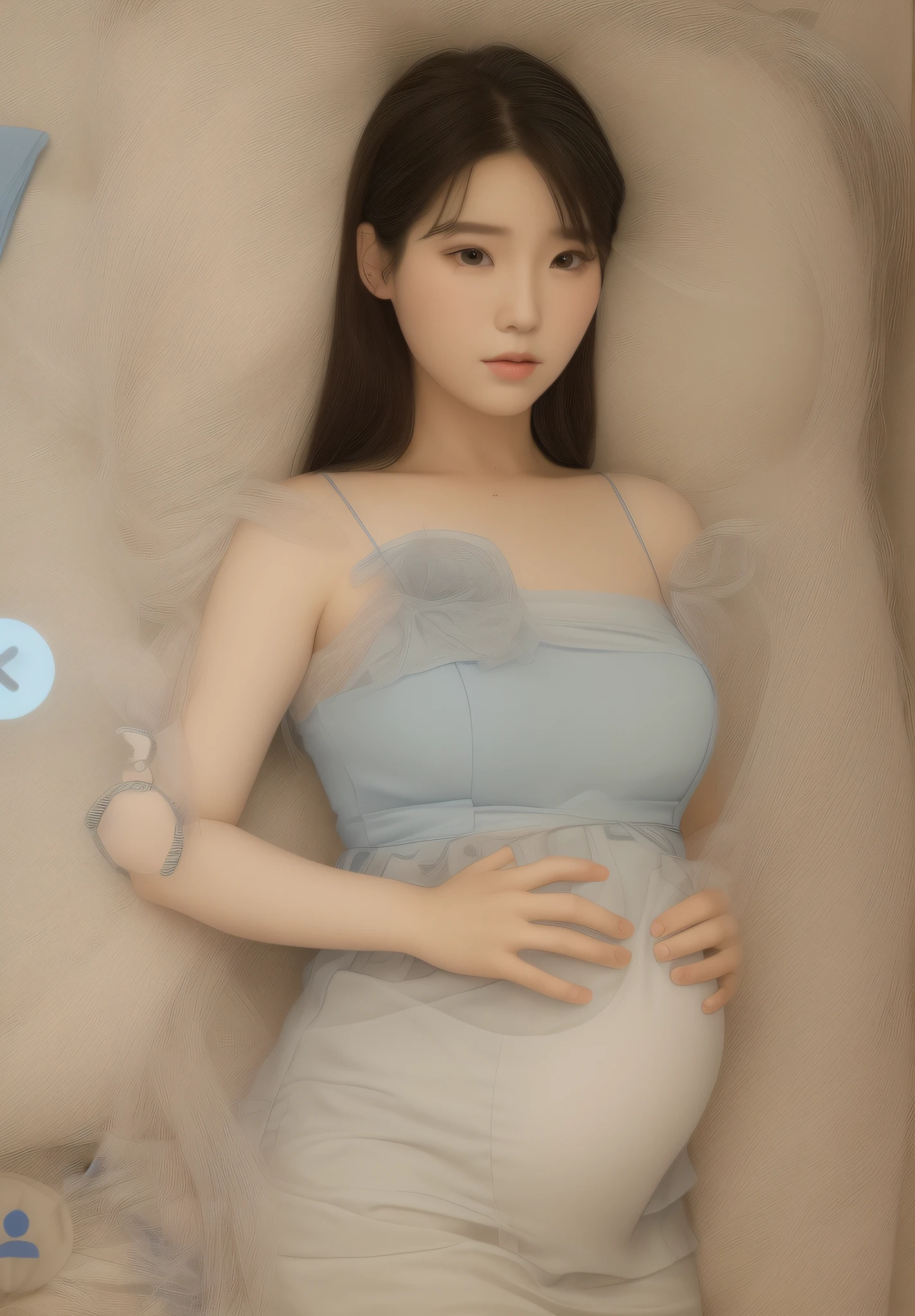 Pregnant woman in blue dress sitting on bed with hands on her stomach, Gorgeous young Korean woman, wearing  blue dress, Beautiful young korean woman, beautiful south korean woman, Portrait of a light blue dress, Korean Girl, Korean Woman, Pregnant Belly, heonhwa choe, Lee Ji-eun, Izzy-silver(Lee Ji - Eun)