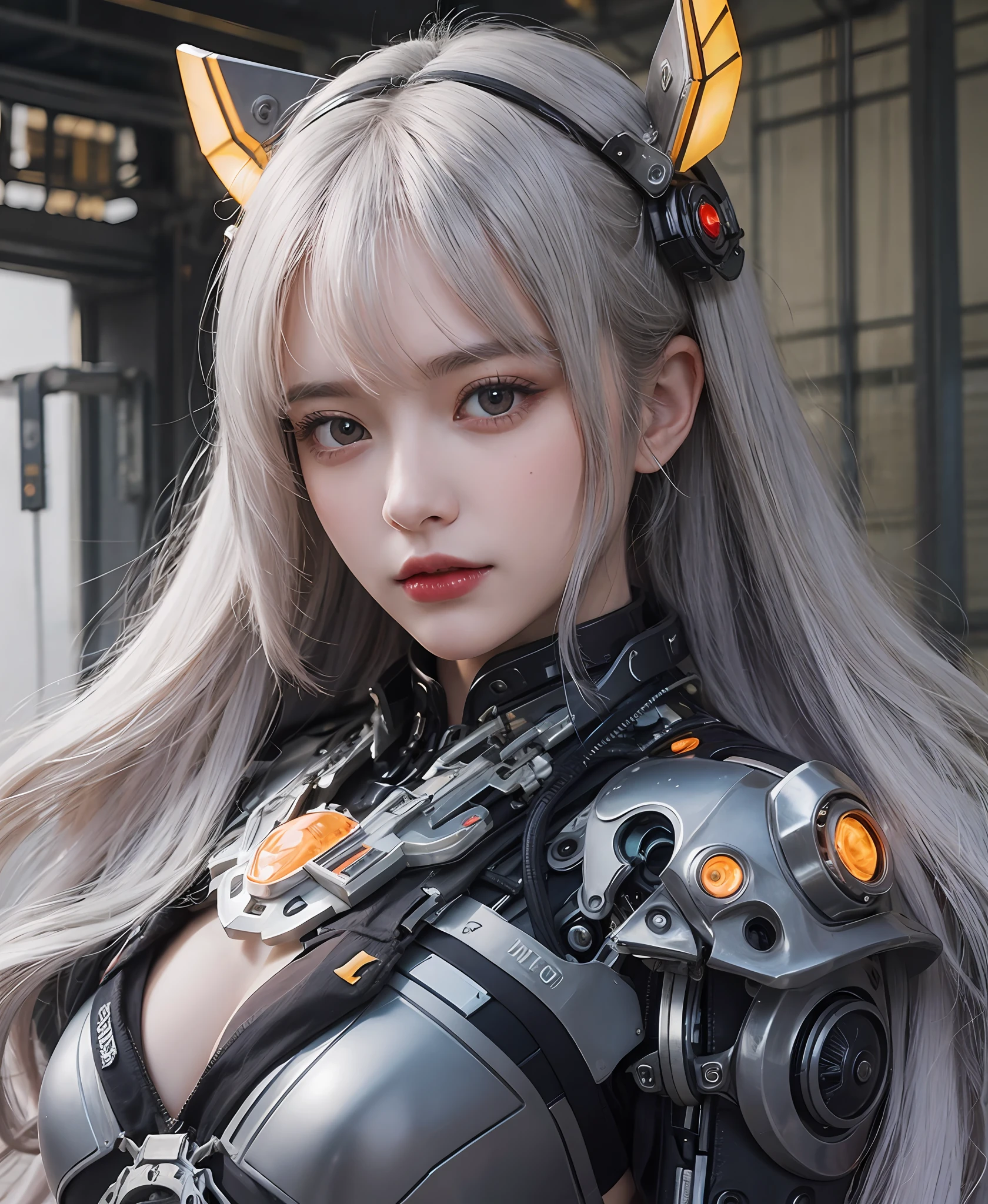 white hair、long fluttering hair、strong breeze、Orange Eyes、radiant eyes、Steampunk Girl、Colossal tits、The face and chest are alive、Cleavage is visible。photoRealstic、portfolio、Evangelion-style metal mecha suit、Combat cyborg、Gothloli details、metalic、detailed mechanical components、Bundle of thin tubes、Metal cylinder、Detailed neon、Fine LED、Fine parts