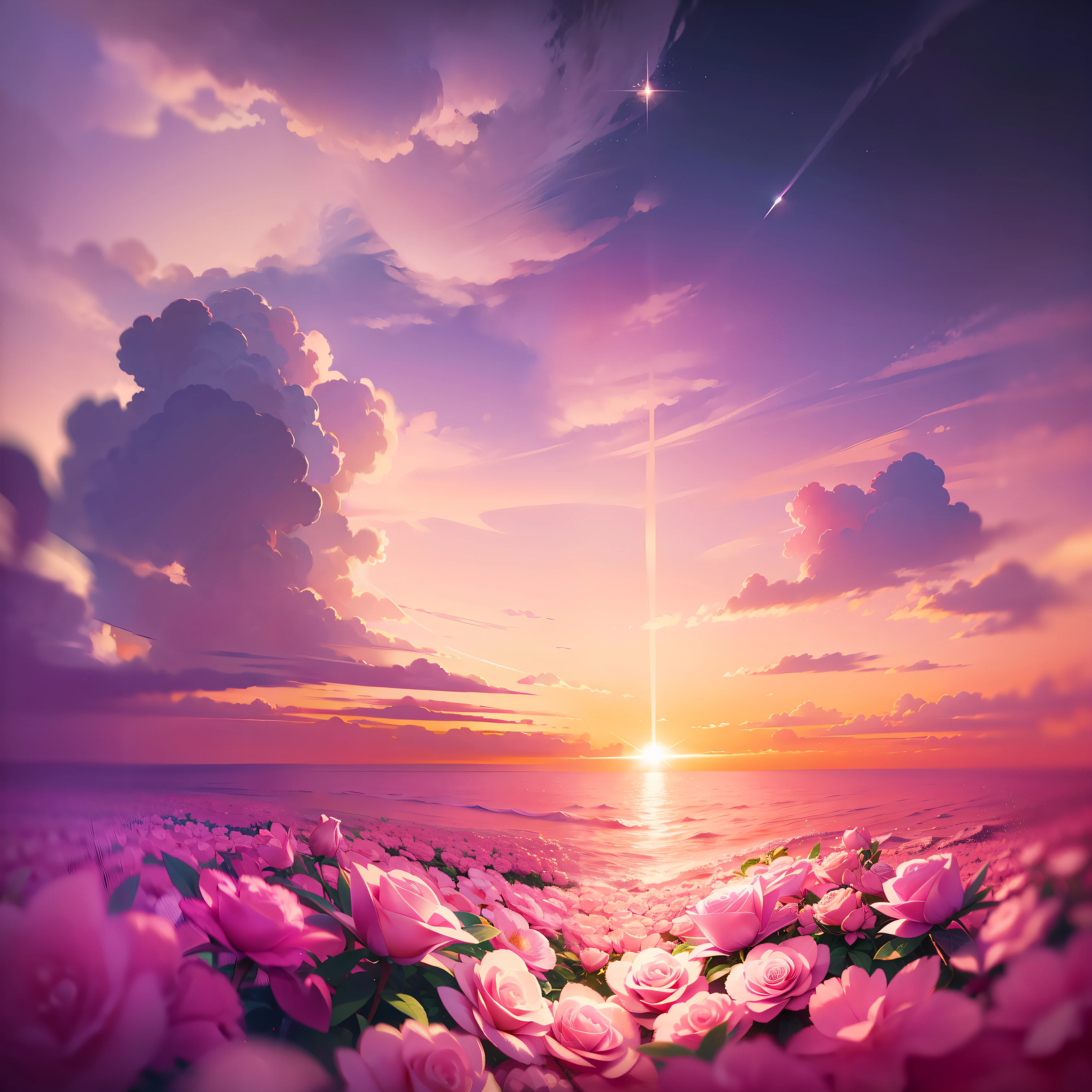 Pink moon, pink sky, pastel pink clouds, pink waves sparkling, sparkling, pink roses on pink ocean, fantasy, soft lighting, ultra hd, realism, cinematic effects, lens flare