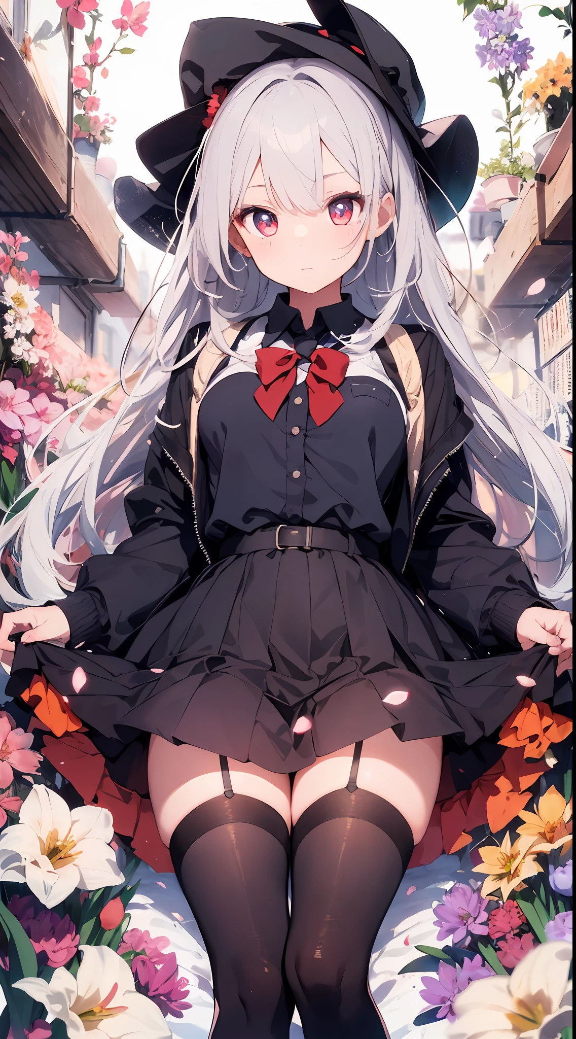 1girl, beautiful detailed eyes, light red eyes, school uniform, skirt, vivid, flower, daffodil, hyacinth, falling petals, high black stocking, long white hair, high contrast, ((masterpiece, best quality)), cinematic light, cinematic composition