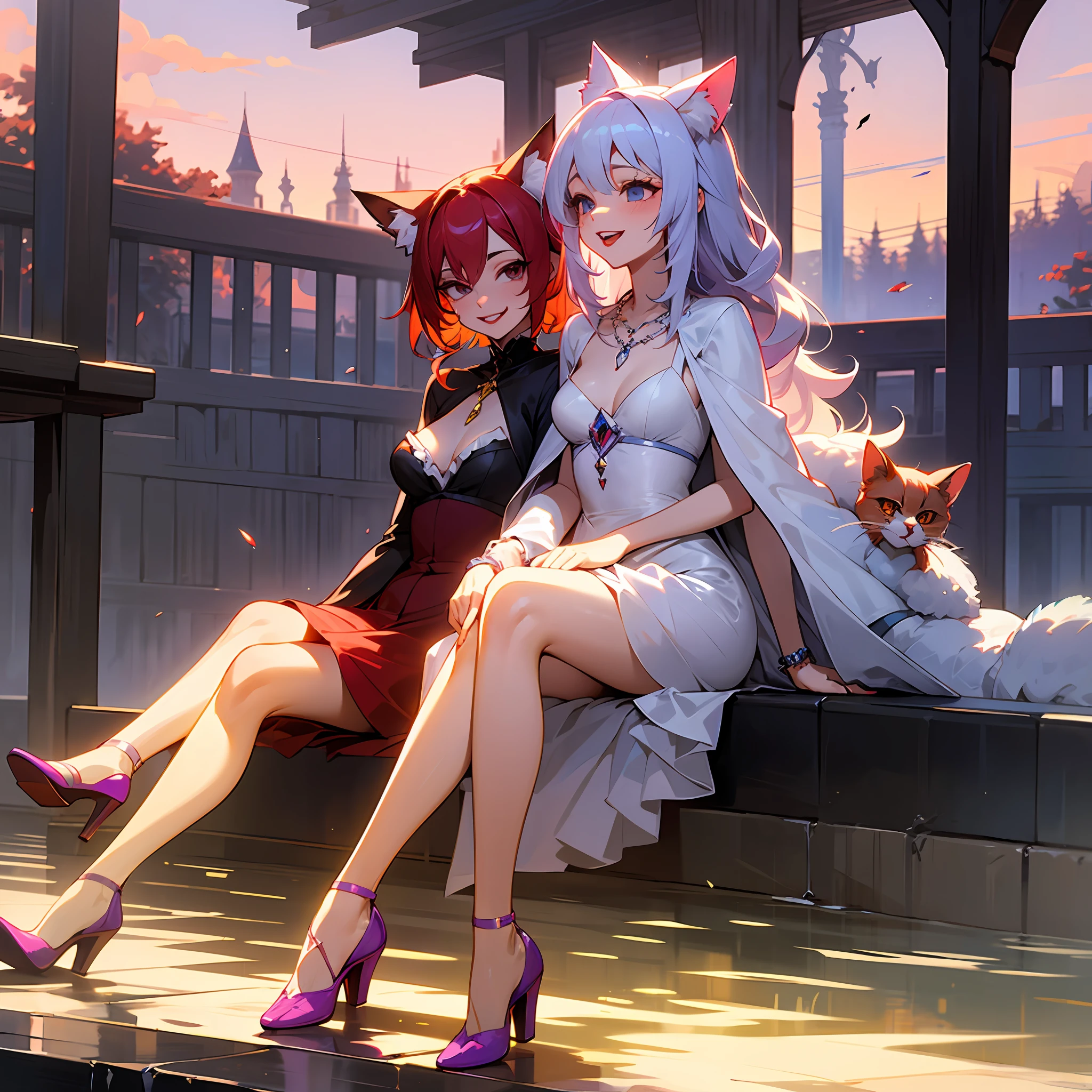 Vampires,Red cat ears are worn on the head,Flaming red lips,Charming eyes,with fair skin,Fluffy gray hair,Gray legs ,Wearing purple Juliet group,Wear crystal heels,A necklace is worn around his neck,D-cups,Sit next to the hot spring,In the setting sun,Overlooking,Laughing --auto