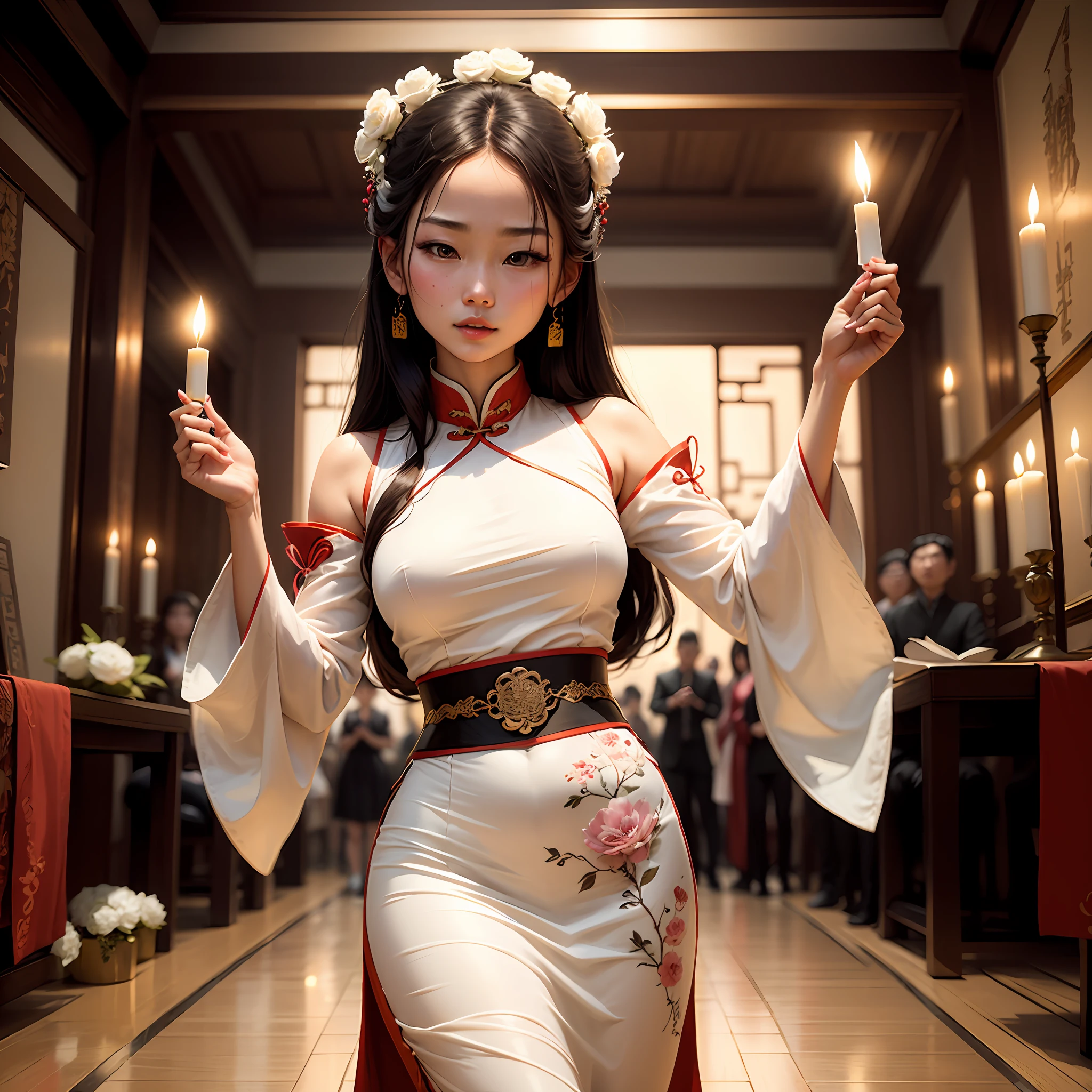 Asian woman in white dress holding flowers and candles,Wearing white Han clothes inside the palace,Dance with girls in Hanfu。A young girl next to her dressed in traditional Chinese clothing,The overall atmosphere is permeated with ancient Chinese style,Chinese Traditional adds a traditional aesthetic,Gorgeous models bring the picture to life。