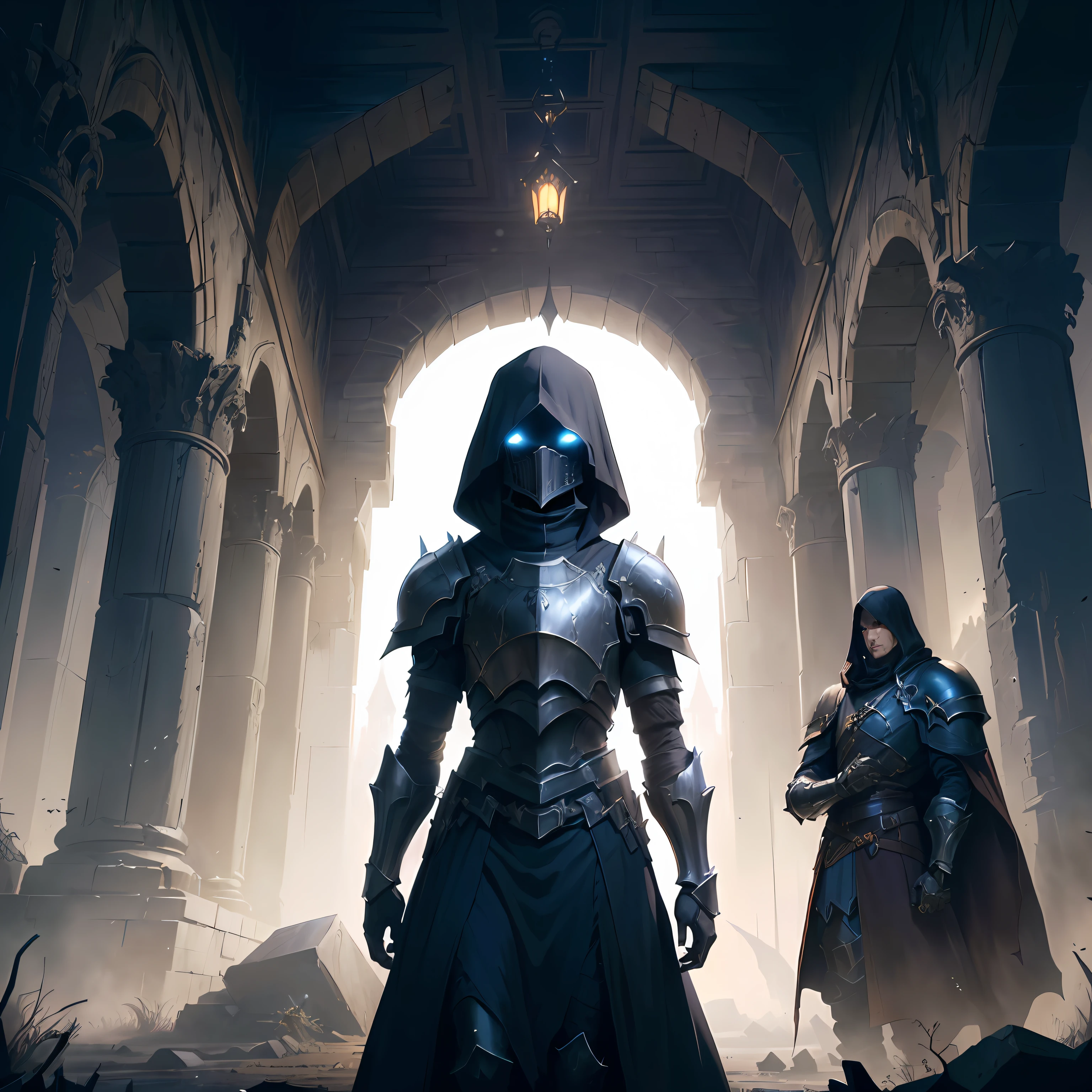 Image of two men in armor standing in a building, james gurney and andreas rocha, Unreal Engine fantasy art, Unreal Engine 4K wallpapers, andreas rocha and john howe, dark fantasy style art, gothic knight, andreas rocha style, Dark Armor, dark cinematic concept art, medieval fantasy game art, elegant cinematic fantasy art
