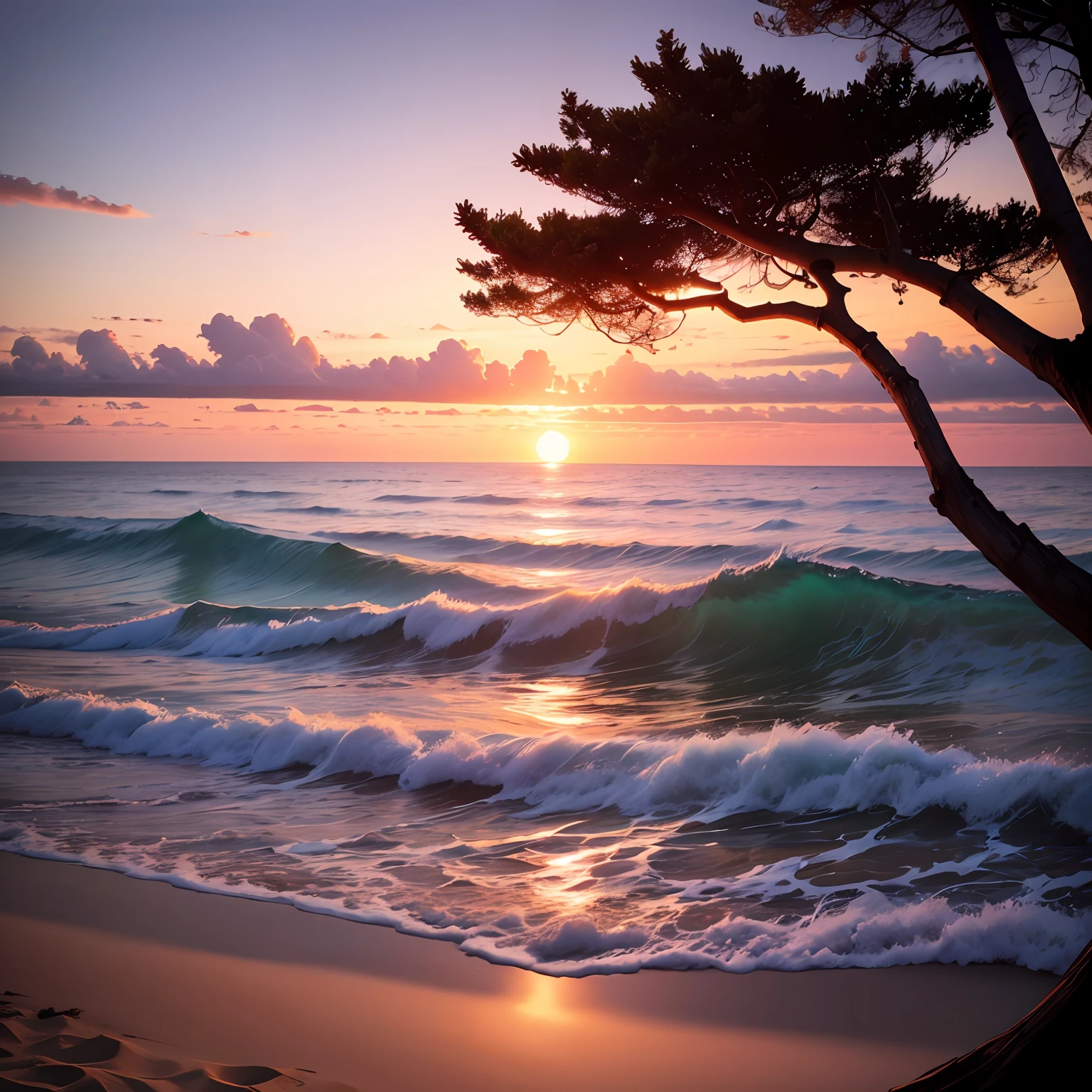Sunset over the sea,There is a sandy beach,sea shell,Colorful trees --auto