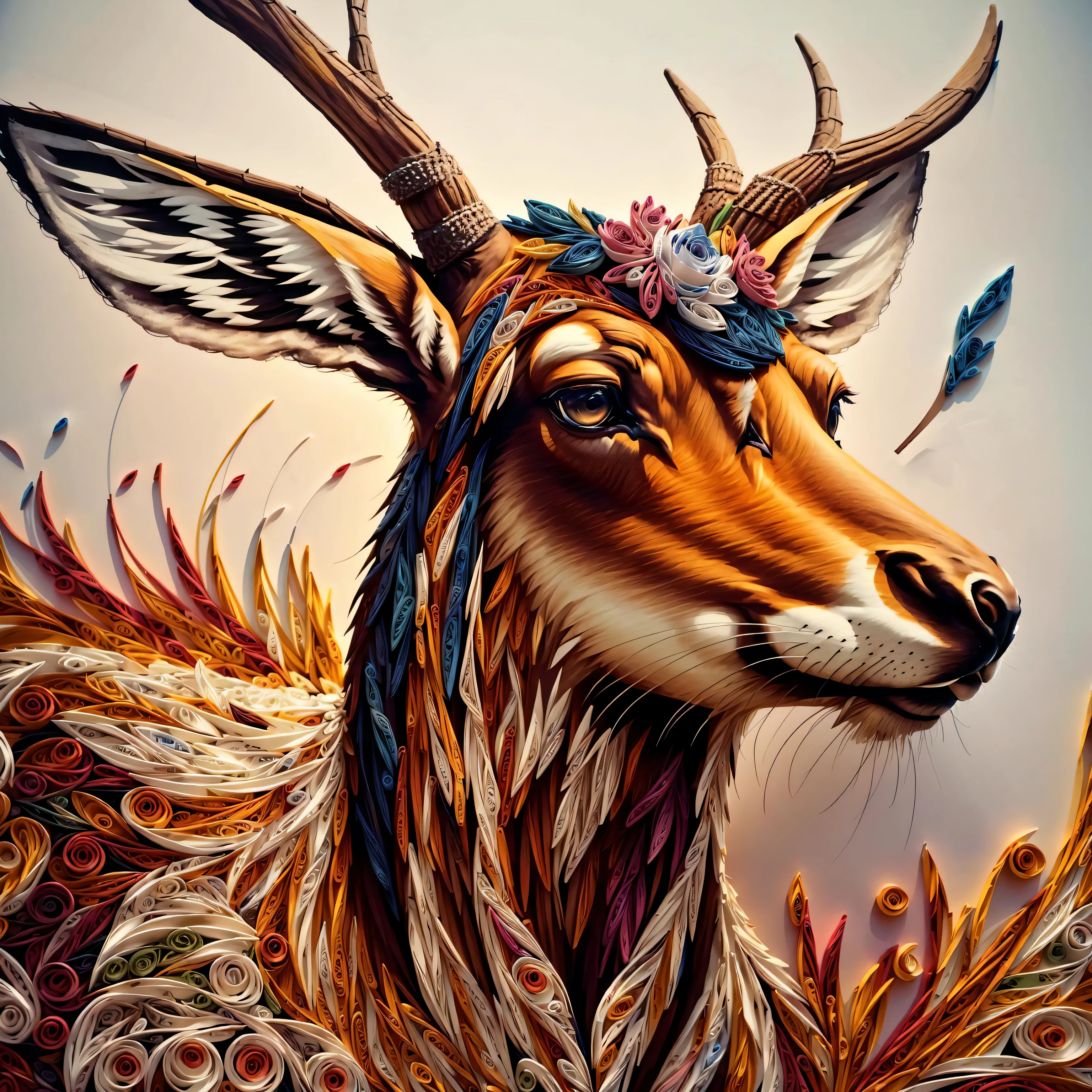 elk,  flower, masterpieces, top quality, best quality, official art, beautiful and aesthetic,  8k raw, realistic, yang08k, close up portrait, paper,quilling,3d