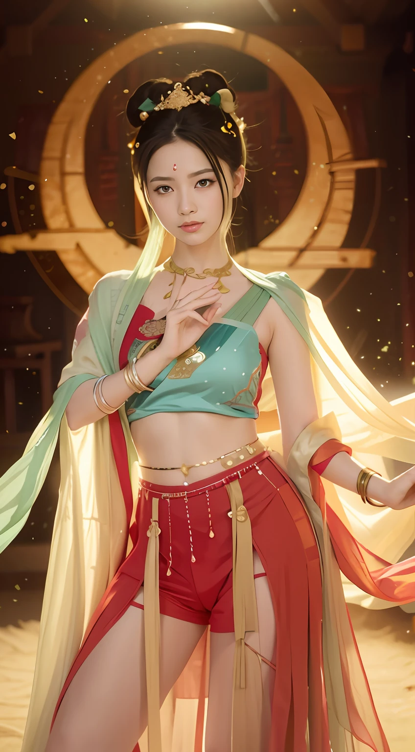 Araki woman in red and green clothing，Take photos in a pose，Hanfu，Domestic royal palace scene，A girl in Hanfu，Chinese costume，Inspired by Lan Ying，full-body xianxia，inspired by Luo Mu，shaxi，Ancient Chinese clothing matching，Bian Lian inspired by Lu Ji and fairy fantasy。