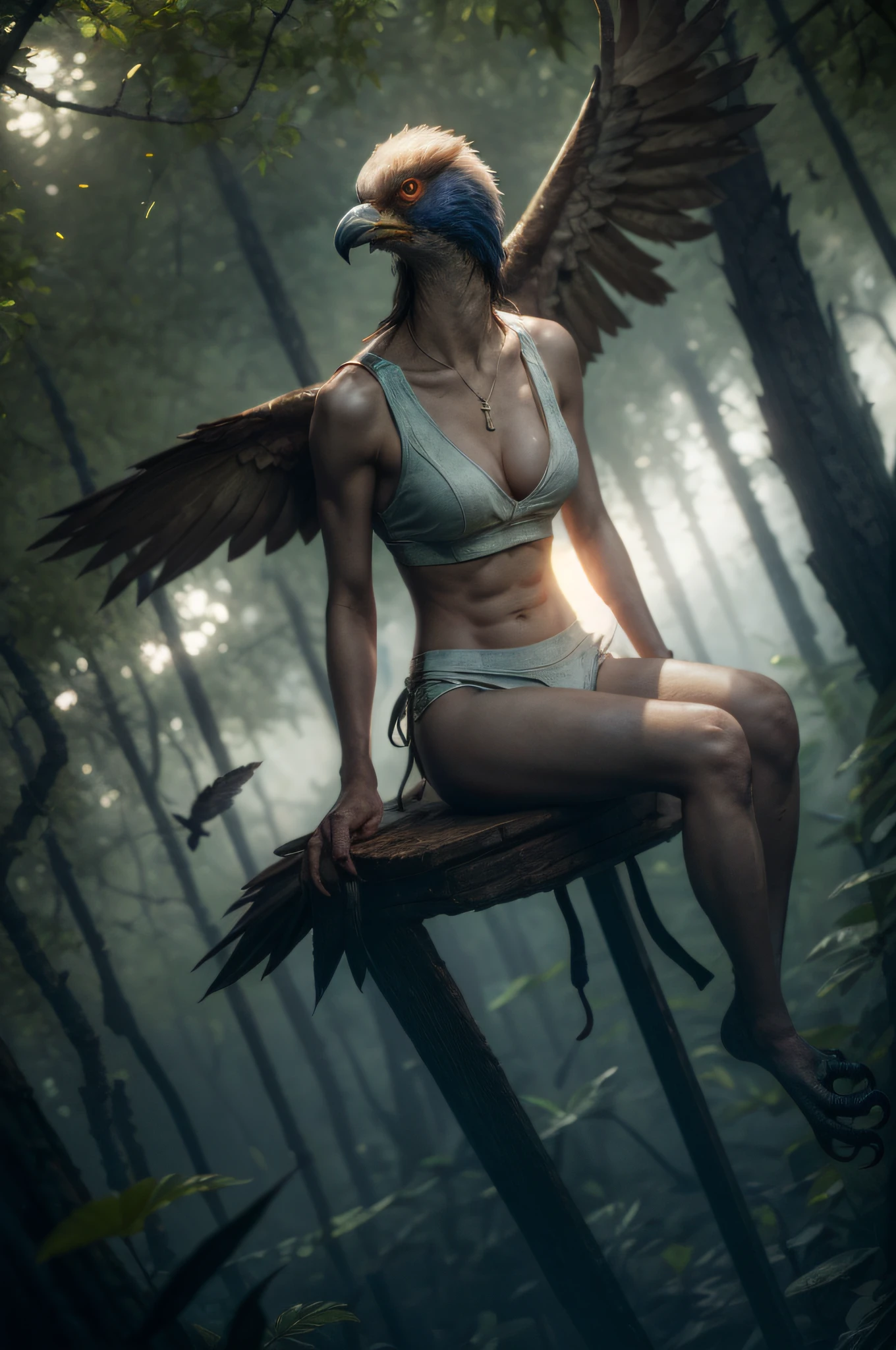 (Masterpiece, Best Quality:1.3), highres, (8k resolution), (ultra-detailed:1.1), madgod, stop motion, horror, Pretty bird man with emphasizing slender abs :1.3 wearing white side boob tank top and V-String Panties in forest, glowing, photorealistic, glowing:0.3, (details:1.2), volumetric lighting, (extremely detailed), bubble, Side boobs, sitting down , bird man