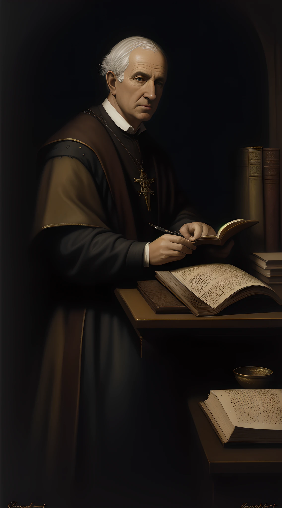 (masterpiece, UHD, oil painting, Greg Rutkowski influence:1.3), Heinrich Kramer, the notorious inquisitor, (aged skin:1.1), thinning grey hair, (penetrating gaze:1.2), 15th-century attire, engrossed in manuscript writing, detailed quill, parchment, candlelight casting soft shadows, richly adorned study, oak wood desk, piled ancient books, dimly lit room, (medieval artifacts:1.1), muted warm colors, realistic, side view, focused.