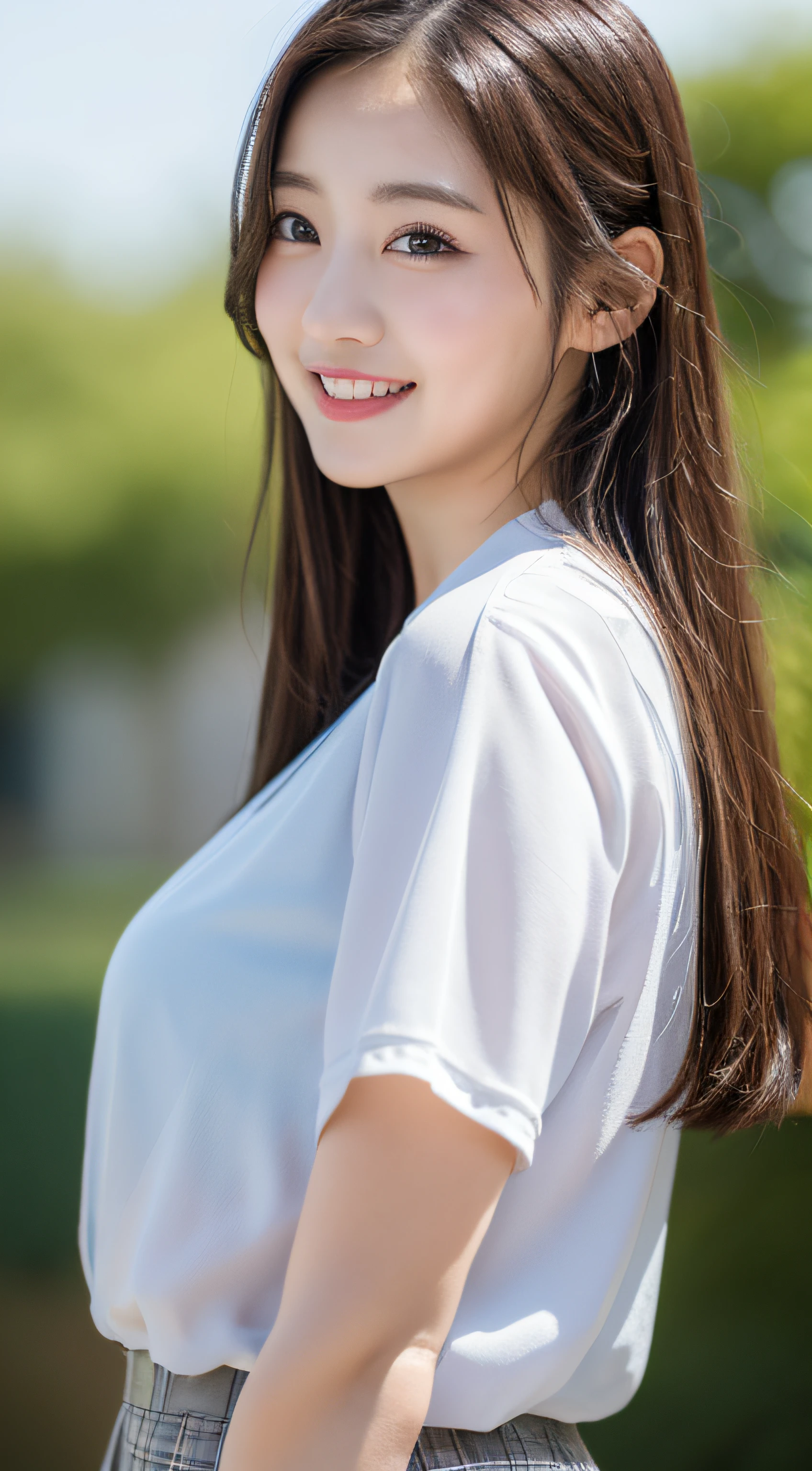 Highly detailed 8K wallpapers),Clear focus,A detailed,dramatics,delicate beautiful schoolgirl,Sheer white shirt,tiese,Dark blue pleated miniature miniature,pale brown hair,Smooth braids,Raised sexy,ssmile,blur backgroun,Beautiful graphics,showing whole body